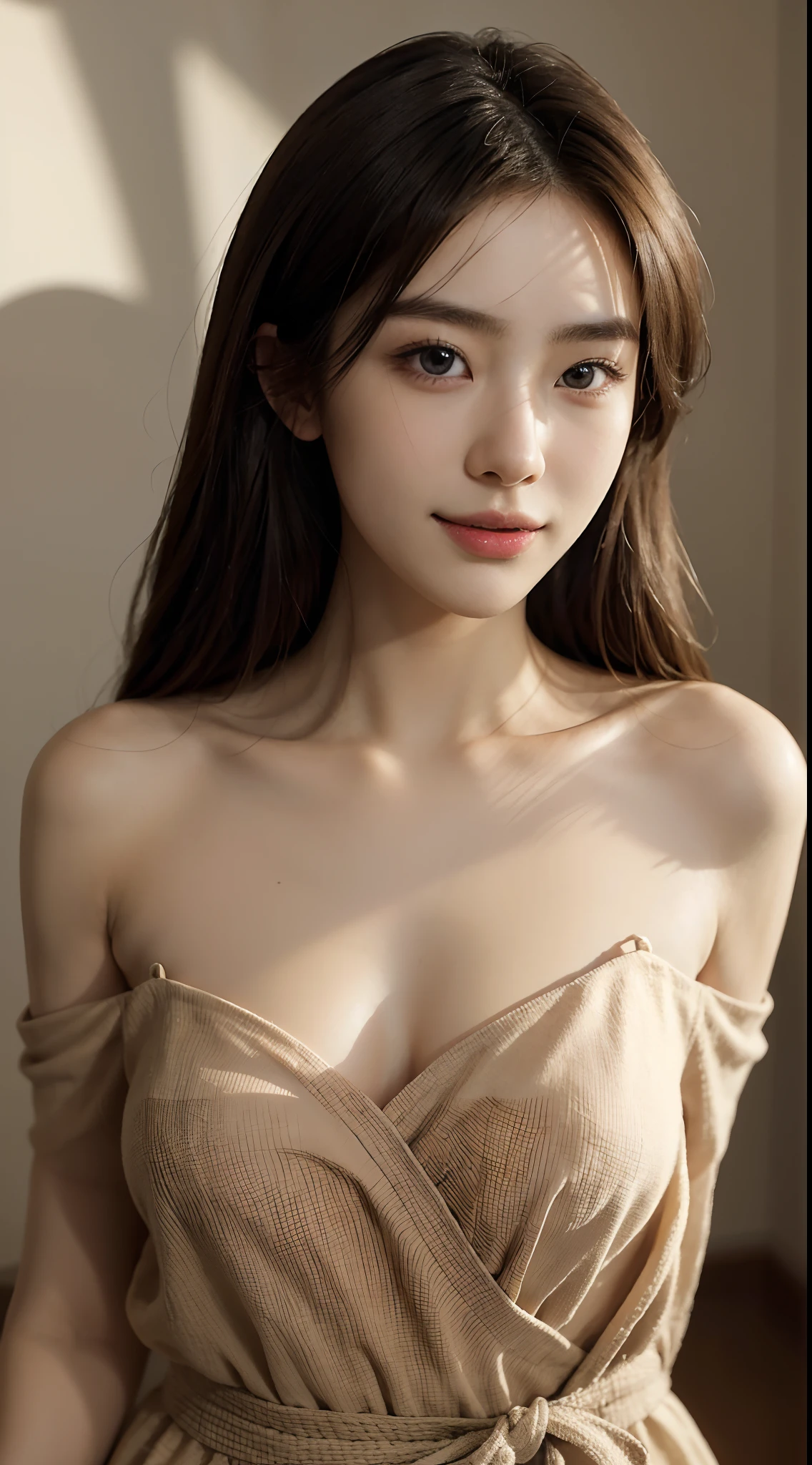 Best quality, Realistic, Photorealistic, extremely detaile, An extremely delicate and beautiful, RAW photo, Professional lighting, Dynamic lighting, light in face, Depth of field, solofocus, full bodyesbian, Japanese and Korean beauties,South Korean beauties,A 20-year-old female, Brown hair, Brown eyes, Smaller head, Fashion girl, Beautiful eyes, Large breasts,Real face, Real skin, Realistic face, Realistic skin, Detailed eyes, Detailed facial features, detailed clothes features, (fashionable attire:1.3), (fashion hair: 1.3) dynamicposes, view the viewer, Simple background, Smile, Detailed face and breasts, (PureErosFace),