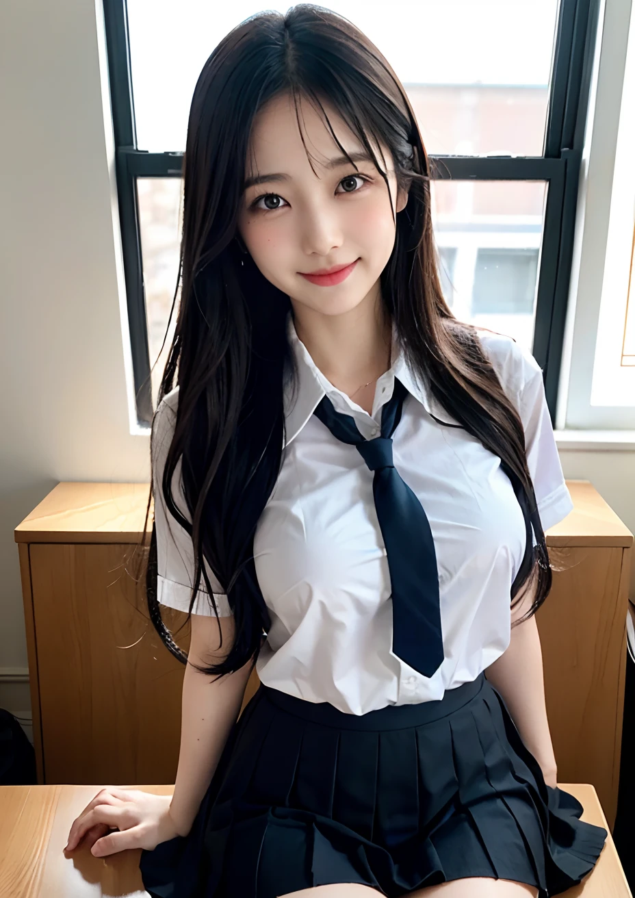 There is a woman taking a picture wearing a tie and skirt, japanese girl school uniform, aya takano color style, hana yata, Ayaka, Sui Ishida, Aya Takano, Japan school uniform, Shiori Teshirogi, Ayami Kojima Amano, Rin, Erika Ikuta, Rei Hiroe、High School Classroom、Well-groomed eyes、sensual bodies、Uniform is wet with sweat、Extraordinary beauty、huge-breasted、Smiling、Clothes are unbuttoned、Chest that seems to burst、Out、Delicate nipples、