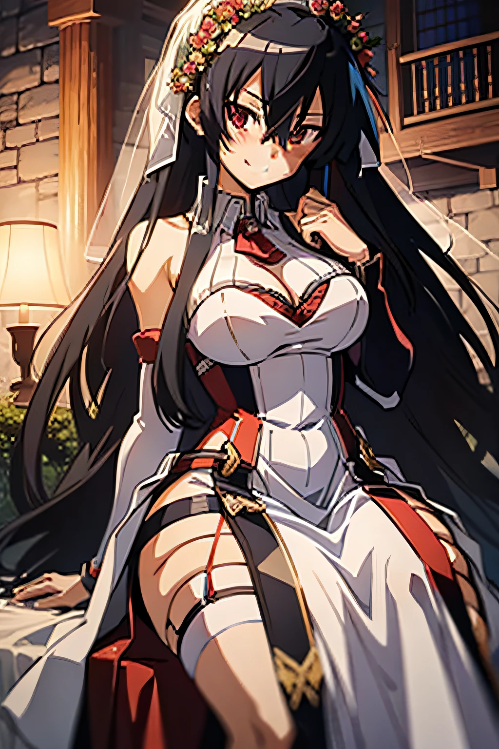 Akame (akame ga kill), wearing a wedding dress, warm smile with a blush