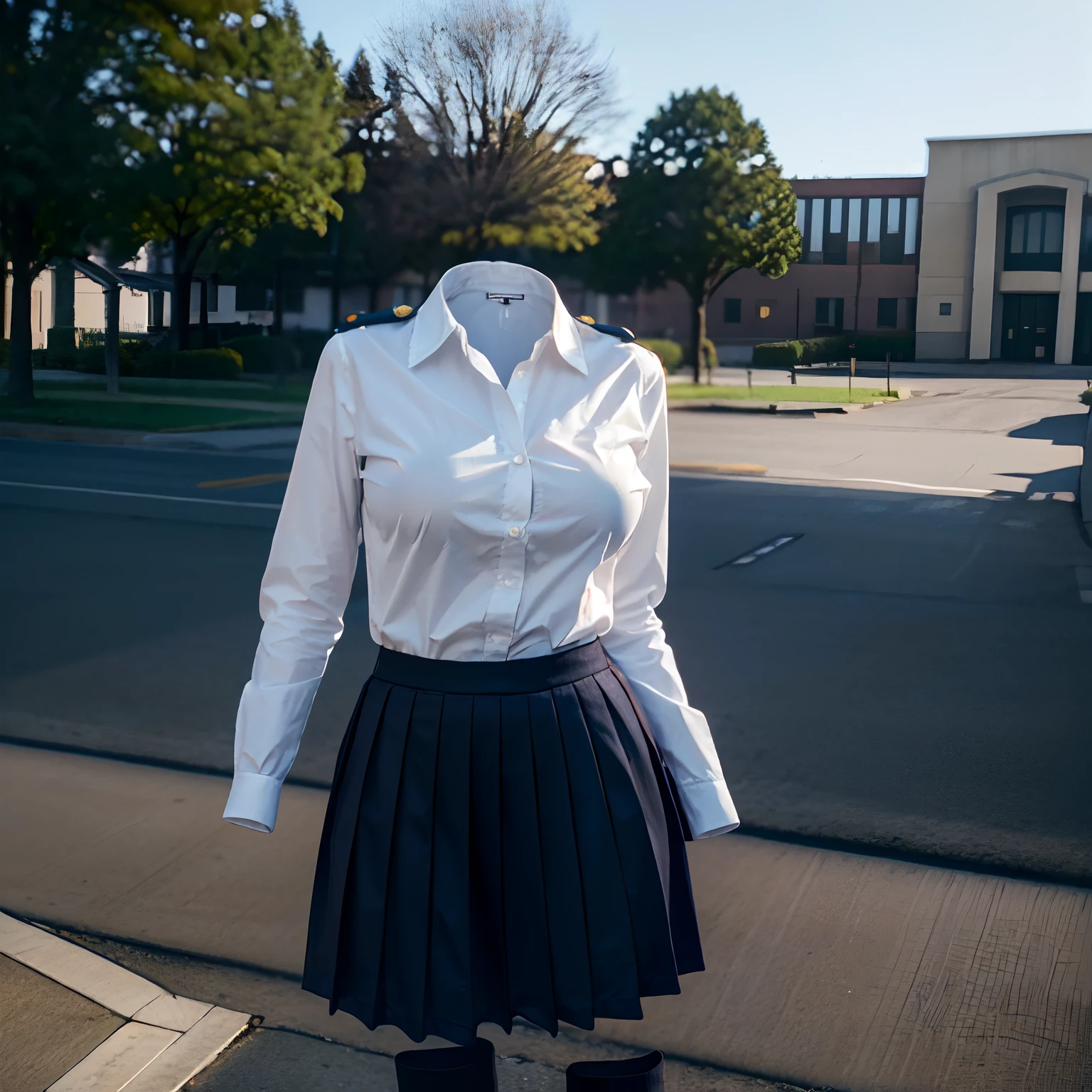 You can even see the feet, (Arch your back, Hands on hips), Be patient with peeing, Striped tie, Checked skirt, (From below), Polo shirt, (can not see, No humans, Headless, Faceless:1.5), Cute big tits, (8k, RAW Photos, Highest quality, masterpiece:1.2), (Realistic, photo-Realistic:1.37), Photon Mapping, Radio City, ((Hasselblad Photography)), Physically Based Rendering, whole body, socks