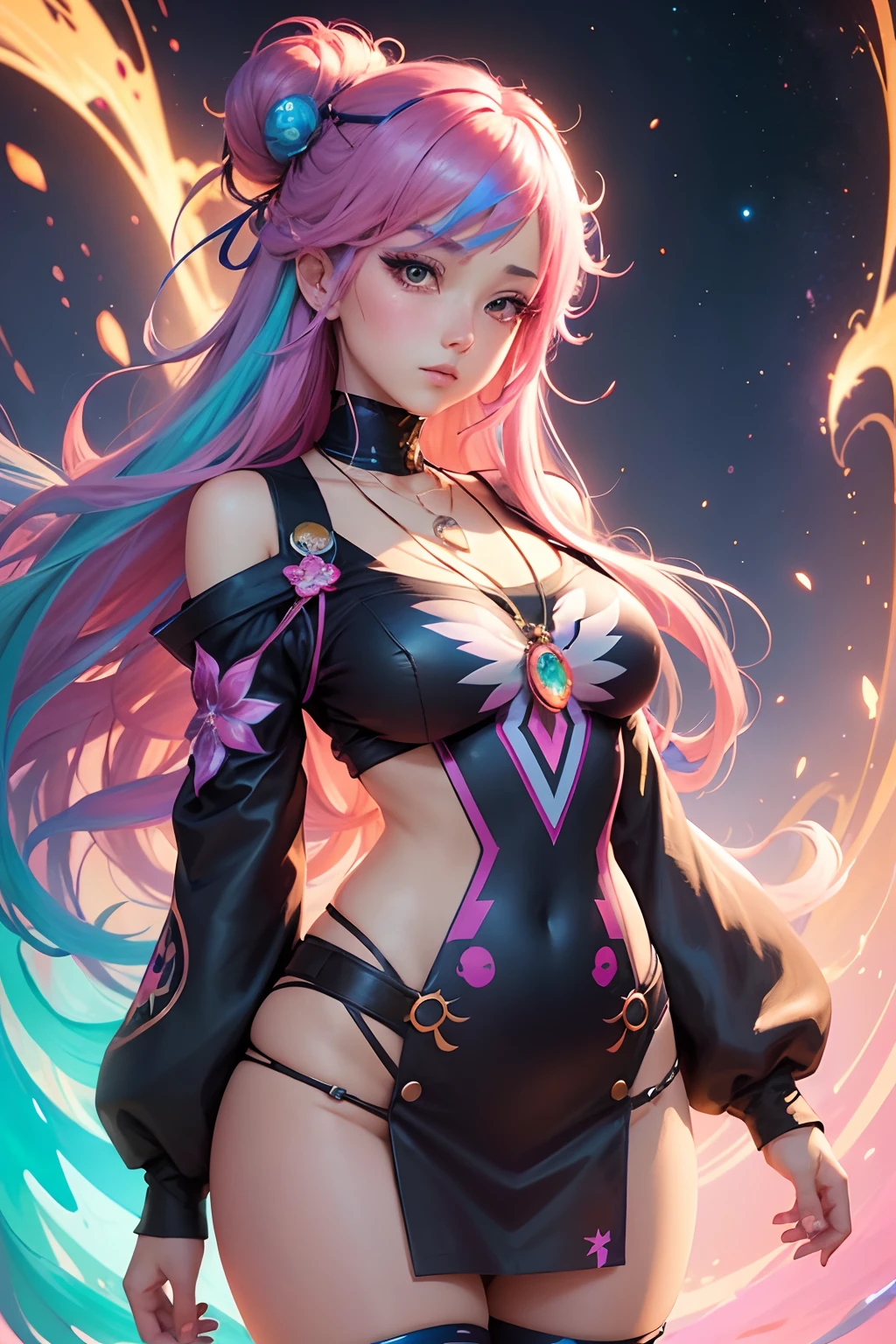 a close up of a woman with colorful hair and a necklace, anime girl with cosmic hair, rossdraws pastel vibrant, artwork in the style of guweiz, fantasy art style, colorful]”, vibrant fantasy style, rossdraws cartoon vibrant, cosmic and colorful, guweiz, colorfull digital fantasy art, stunning art style, beautiful anime style