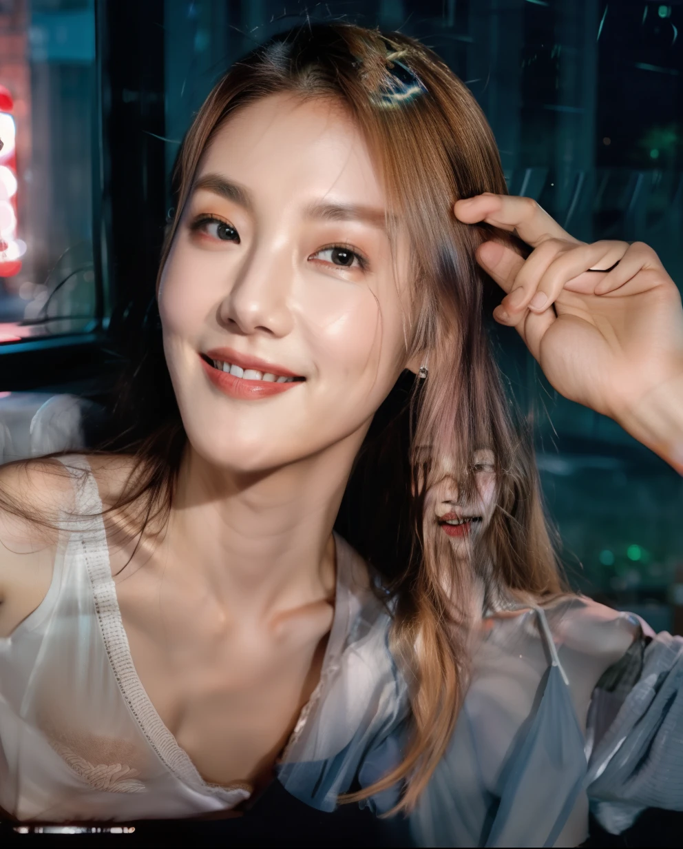 1girl, idol, model, depth of field, photo, film, face, skinny, smile, collarbone, teeth, movie, camisole, selfie, night,