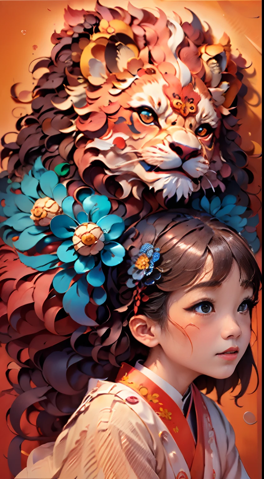 1girll, Clear facial features,looks into camera, Solo, lion_Dance,Clear face,lion dance,dynamicposes,Chinese clothes, Well-designed lion's head design, Brightly colored lions, Traditional Chinese art, Expressive lion dance, Red lanterns,Chinese Year, China-style,red colour,Traditional lion dance, Auspicious symbolism, Auspicious blessings, The expression of a lion's eyeball, Lively celebration background, Traditional Chinese musical instruments, (Masterpiece, Best quality, High quality, A high resolution, Ultra-detailed),