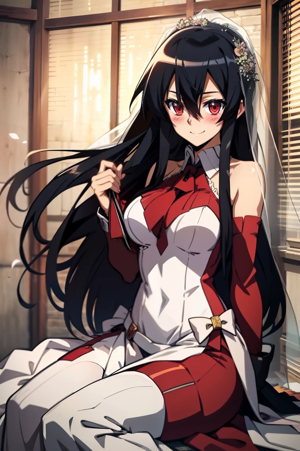 Akame (akame ga kill), wearing a wedding dress, warm smile with a blush