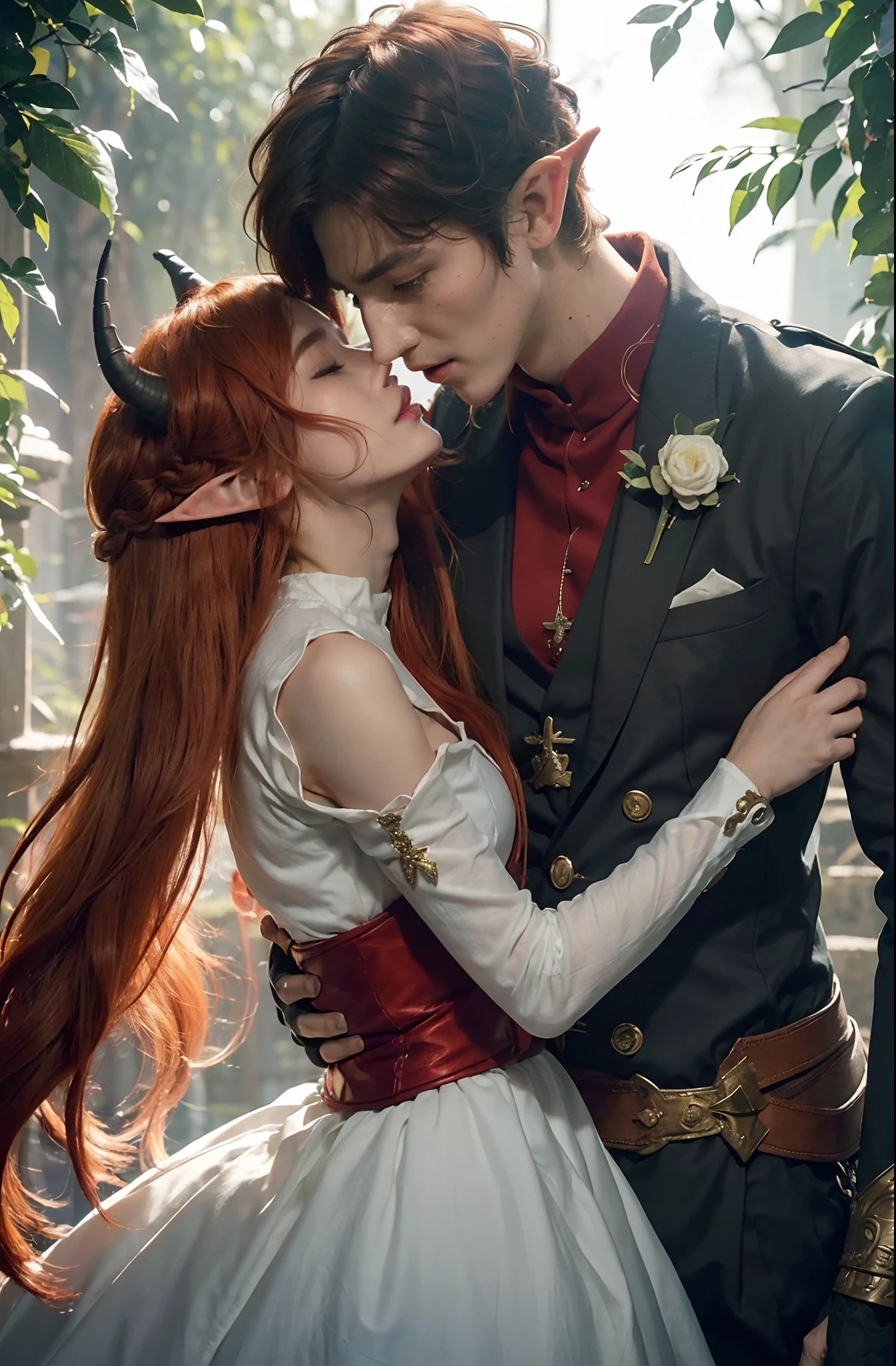 2others, couple, 1boy with 1girl, (Height difference1.3), (detailed noses:1.5), (elf boy with (different hair color)), (daemon-like girl with (red hair and dark skin)), girl with horns, (girl kissing boy), full body, knight and lady, fantasy, closed eyes, detailed, enchanted dark forest, dark fairy tale, unconditional love, emotional connection