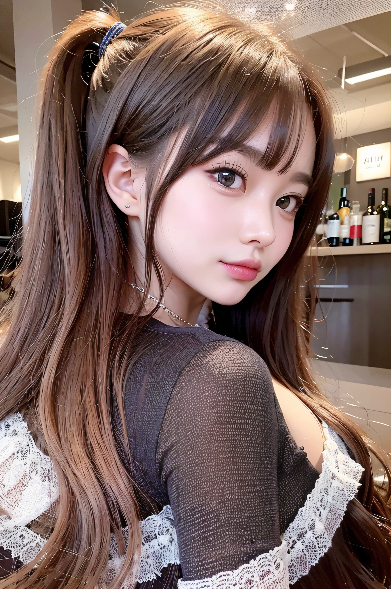 NSFW image、(surrealistic), (illustratio), (hight resolution), (8k picture), (ighly detailed), (The best illustrations), (beatiful detailed eyes), (top-quality), (ultra-detailliert), (masterpiece), (wall-paper), (详细的脸), 独奏, 1girl in, Undress、Wavy brown hair、,Enraptured look、Drunk、Blushing cheeks、bangss、poneyTail、Colossal tits、Constriction of the lower back、skinny thigh、small ass、Beautiful bangs、Late night bar、a bar counter、Look at your audience、a necklace、耳Nipple Ring、Watching from above、