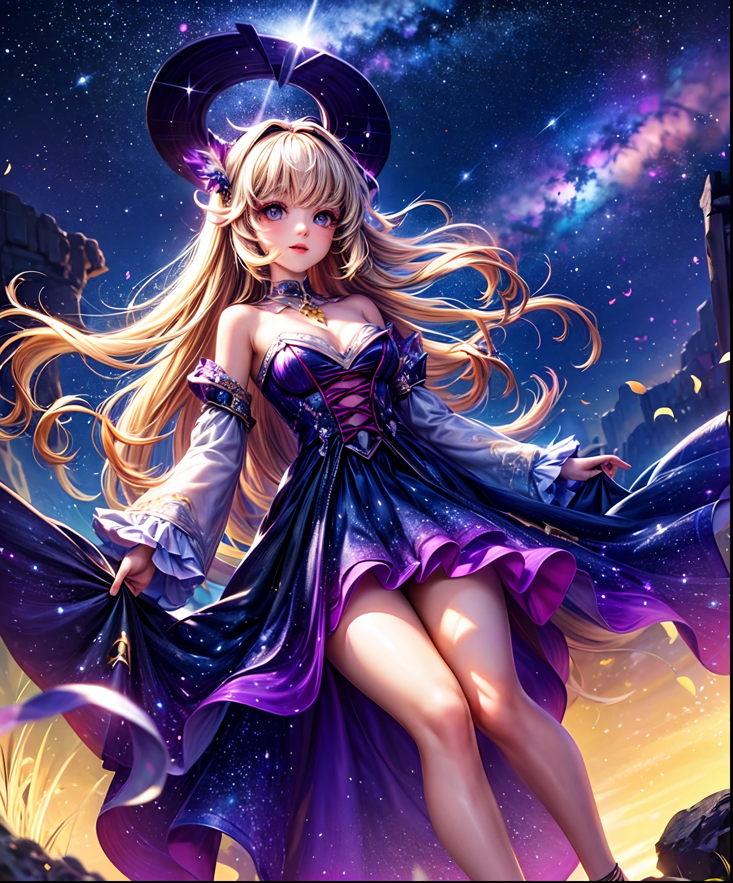 Cute girl characters、the met、Skyscrapers serve as a background、Describes a scene with butterflies lying on the water flying around, Looking up at the starry sky. Surround her with colorful nebulae and her favorite constellations.