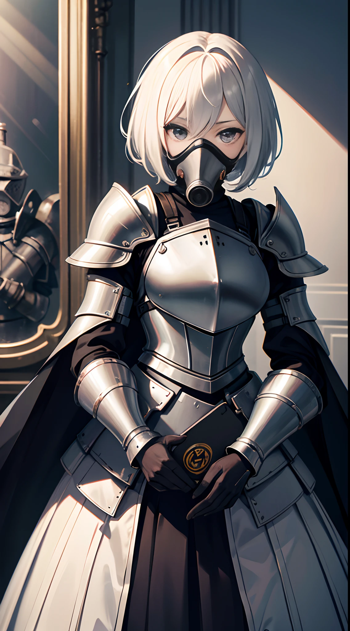 Puppet with gas mask，Beautiful materials，Short silver hair，Black close-fitting armor，Lady Knight