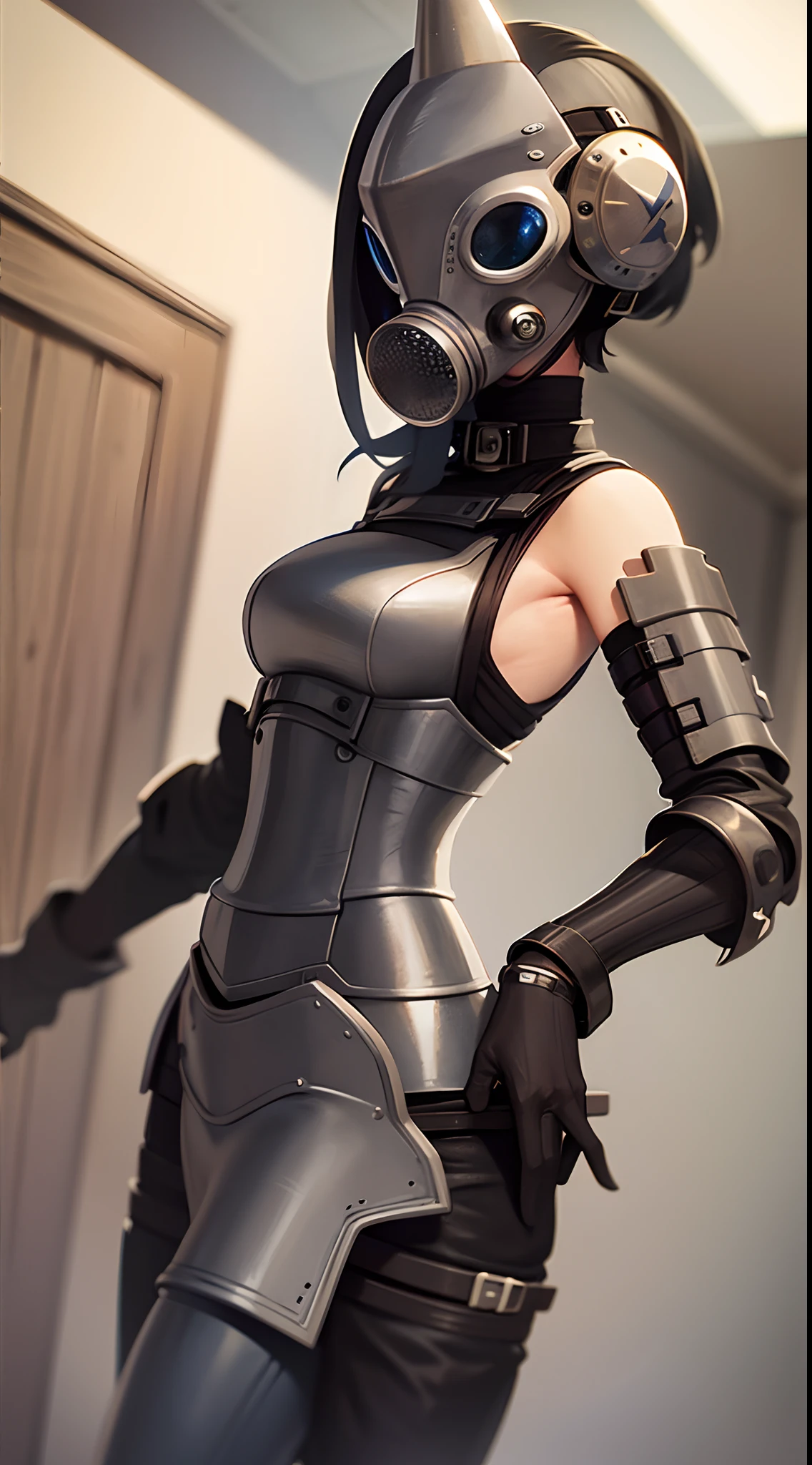 Puppet with gas mask，Beautiful materials，Short silver hair，Black close-fitting armor，Lady Knight