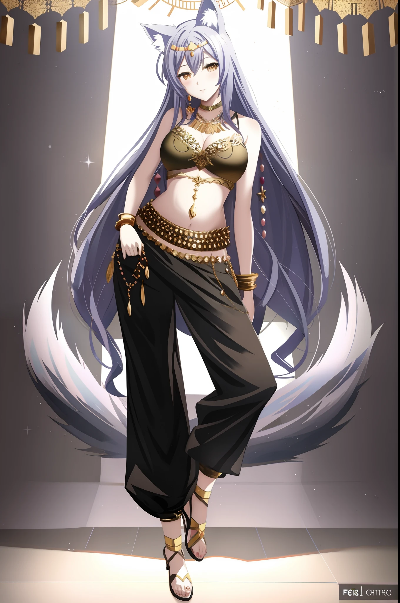 Anime girl in a belly top and pants with a crown on her head, Serafim Ahri KDA, Boho Chique | | muito anime!!!, aesthetic!!!!!! female genie, full body commission for, !!retrato de corpo inteiro!!, holo is a wolf girl, holo se uma menina lobo, estilo artgerm, deusa anime, Arte digital no Pixiv