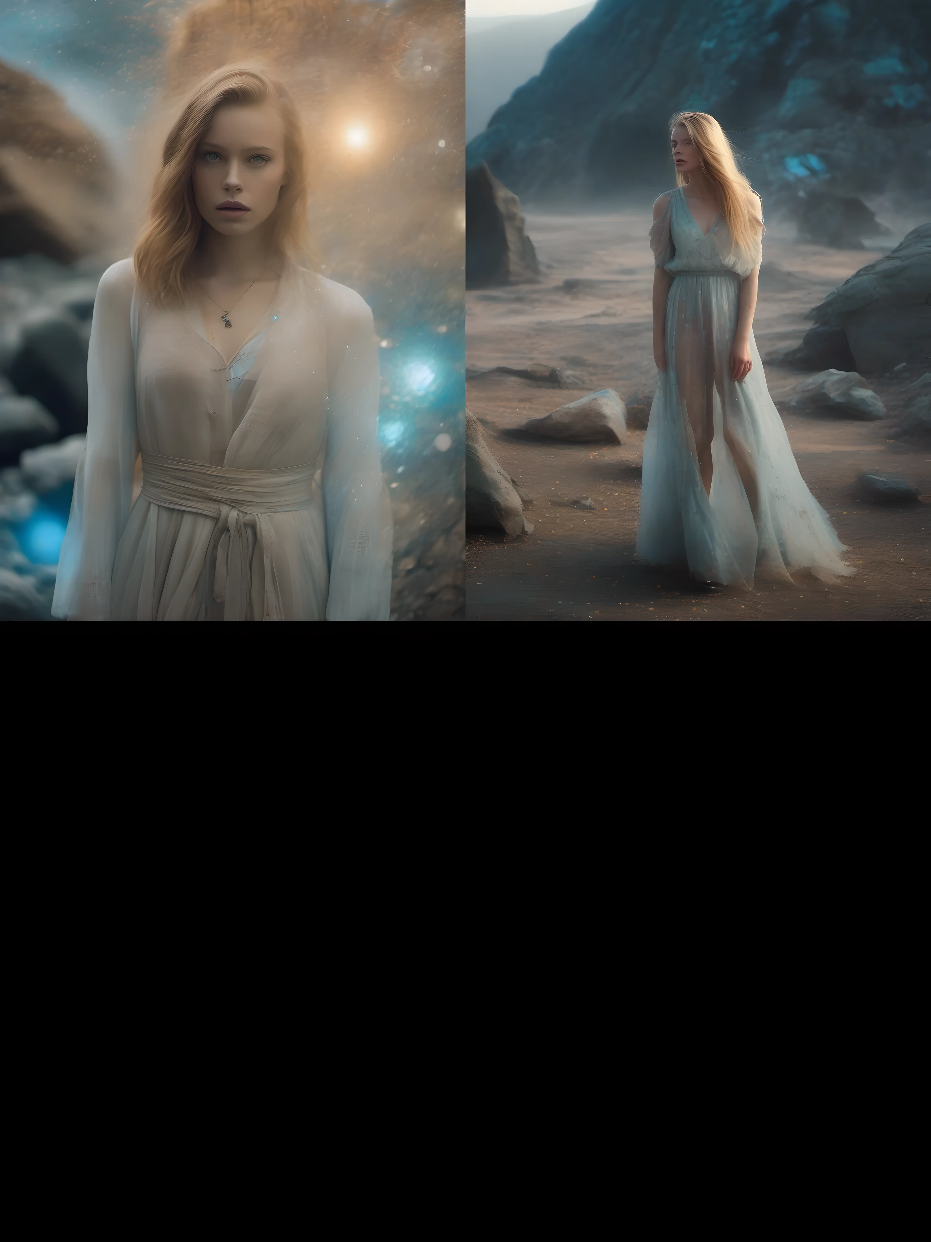 1girl, gorgeous, freckles, blonde, blue eyes, (wearing linen see through dress:1.2), outer space, dry rocks environment, Interstellar, Surrealism, Dreamy dim daylight, glass shards, space fragmentation, re ghotion, minimalism, emptiness, spaciousness, faint accent lights, film grain, horror photography, misty and foggy atmosphere, neon, glow, (wide hips:1.4)