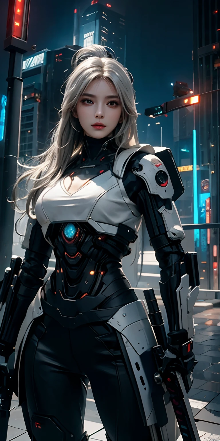 wearing black suit and mini tight skirt, anime style, silver color hair, (8k, RAW photo, best quality, masterpiece:1.2), a girl with calm and rational personality, demonstrating a loyal and efficient approach to her tasks, human-like aspect to her, possess emotions and empathy, leadership and cooperation would be crucial traits for her in order to support the mercenaries effectively, 6-foot-tall mechanical being with a silver metallic exterior, boasts a futuristic design, wears a black bodysuit with the emblem, sports data control gloves on her wrists, with small hardware interfaces on her fingertips, A small wing-like device is attached to her back, serving as equipment for high-speed movement and flight, waist carries a belt containing communication devices, hacking tools, and other accessories, ((Best quality)), ((masterpiece)), (highly detailed:1.3), 3D,Shitu-mecha, beautiful cyberpunk women with her mecha in the ruins of city from a forgoten war, ancient technology,HDR (High Dynamic Range),Ray Tracing,NVIDIA RTX,Super-Resolution,Unreal 5,Subsurface scattering,PBR Texturing,Post-processing,Anisotropic Filtering,Depth-of-field,Maximum clarity and sharpness,Multi-layered textures,Albedo and Specular maps,Surface shading,Accurate simulation of light-material interaction,Perfect proportions,Octane Render,Two-tone lighting,Low ISO,White balance,Rule of thirds,Wide aperature,8K RAW,Efficient Sub-Pixel,sub-pixel convolution,luminescent particles,light scattering,Tyndall effect