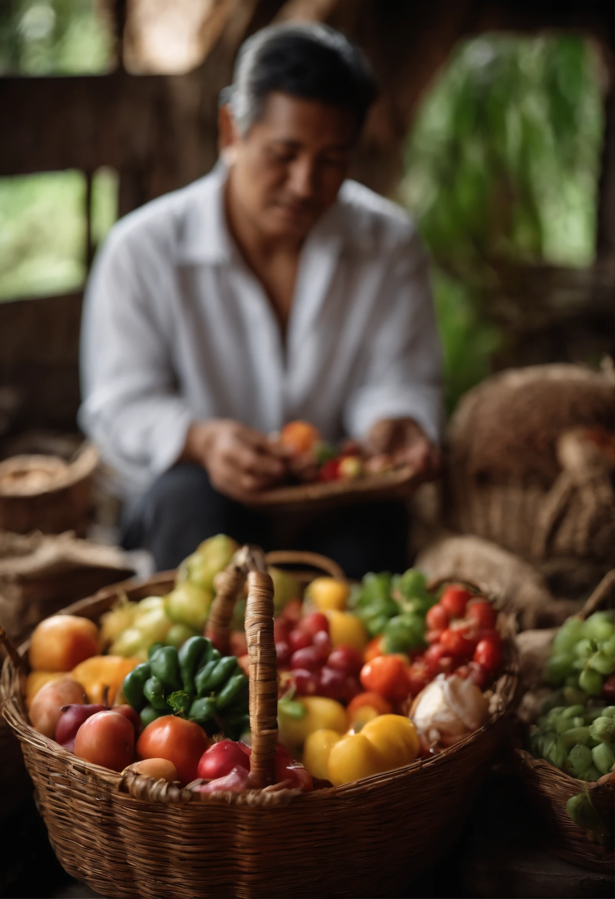Vegetables, fruits, meat and ham served in bamboo baskets