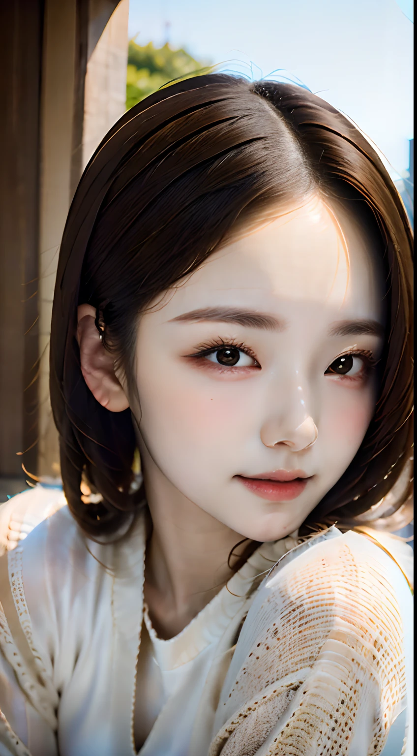 masterpiece, top-quality, 8K, absurderes, (The upper part of the body:1.4), whiteshirt, beautiful a girl, Clean face, looking at the viewers, a smile, A hyper-realistic, hight resolution, Pictures, foco nítido, nffsw, face lights, Dynamic lighting, Movie Lighting, Professional Shadows, beautiful cityscape background, highestdetailed, ighly detailed, ultra-detailliert, finely detail, authentic skin, Delicate facial features, Detailed face and eyes, Sharp pupils、Realistic pupils