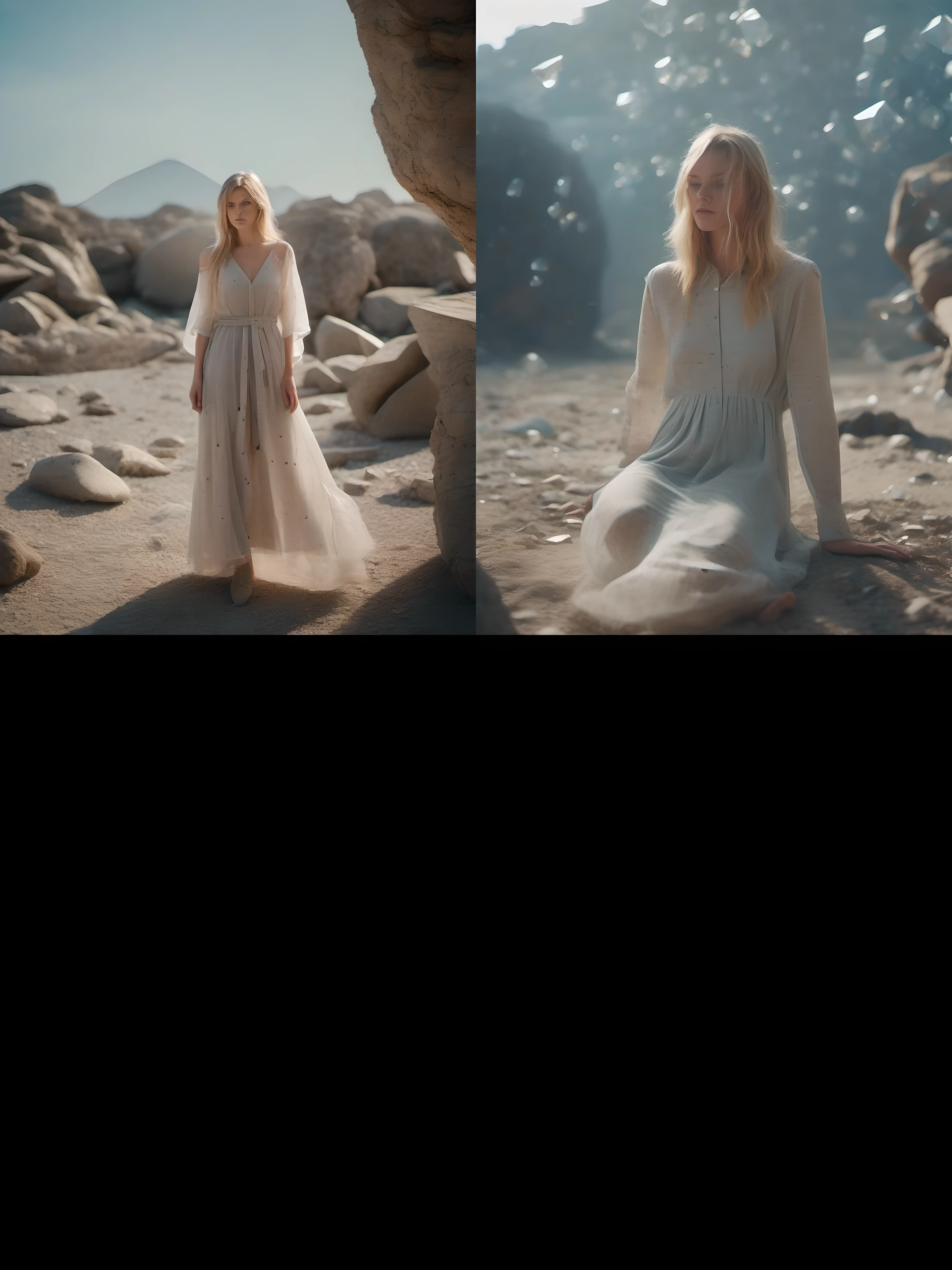 1girl, gorgeous, freckles, blonde, blue eyes, (wearing linen see through dress:1.2), outer space, dry rocks environment, Interstellar, Surrealism, Dreamy dim daylight, glass shards, space fragmentation, re ghotion, minimalism, emptiness, spaciousness, faint accent lights, film grain, horror photography, misty and foggy atmosphere, neon, glow, (wide hips:1.4)