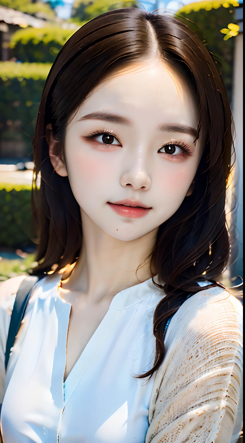 masterpiece, top-quality, 8K, absurderes, (The upper part of the body:1.4), whiteshirt, beautiful a girl, Clean face, looking at the viewers, a smile, A hyper-realistic, hight resolution, Pictures, foco nítido, nffsw, face lights, Dynamic lighting, Movie Lighting, Professional Shadows, beautiful cityscape background, highestdetailed, ighly detailed, ultra-detailliert, finely detail, authentic skin, Delicate facial features, Detailed face and eyes, Sharp pupils、Realistic pupils