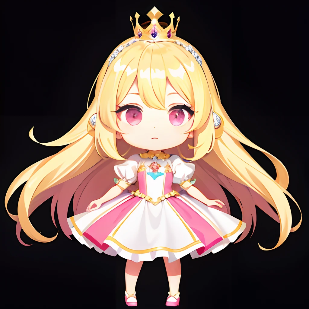 Princess, blonde hair, with a crown on her head, looking straight ahead, penguin pose, hair accessories, chibi anime-style character, detailed princess dress, big bright pink eyes, shiny and extremely detailed eyes, full body, simple background, body facing forward