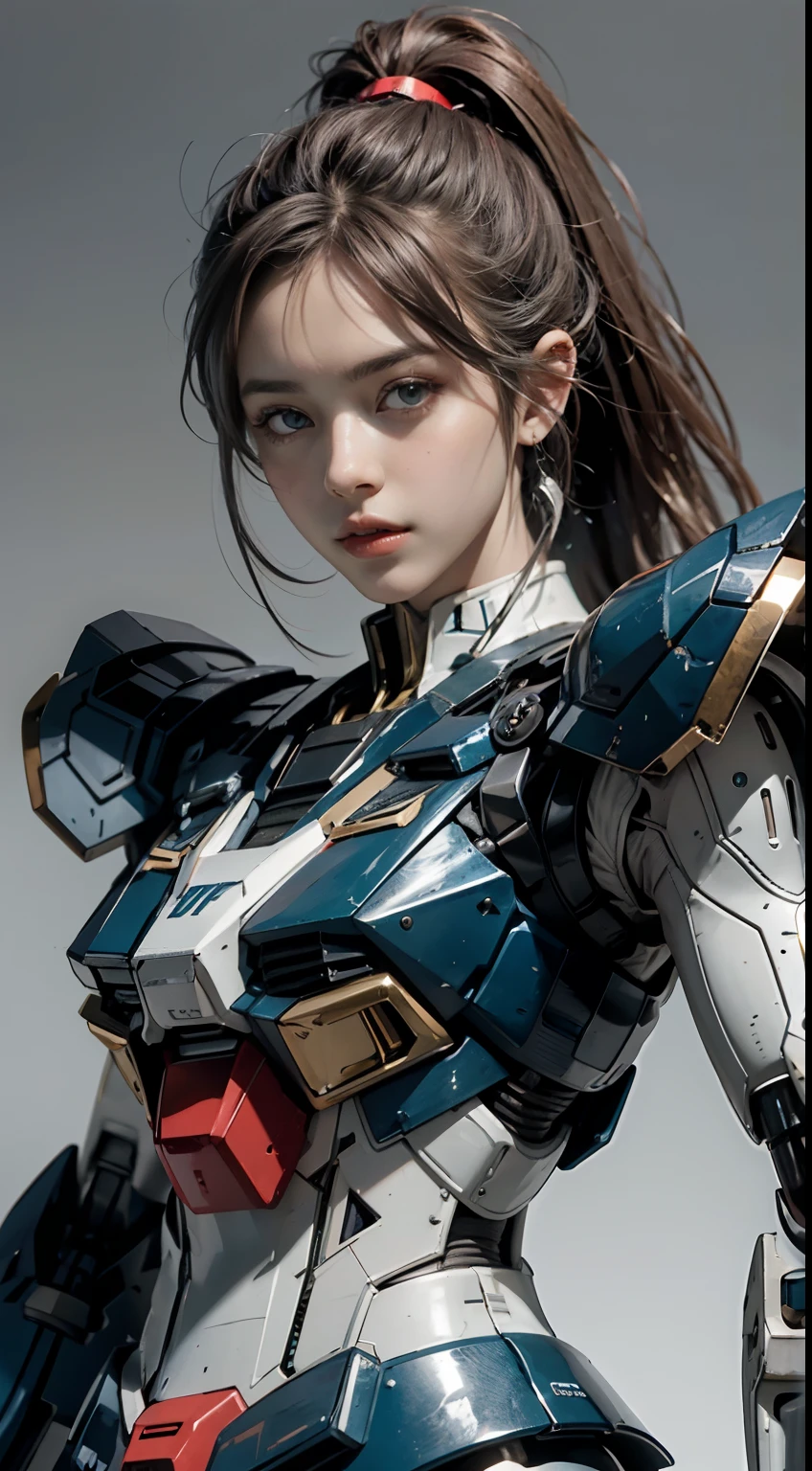Textured skin, Super Detail, high details, High quality, Best Quality, hight resolution, 1080p, hard disk, a beauty、She wears a futuristic Gundam mecha(Gundam)