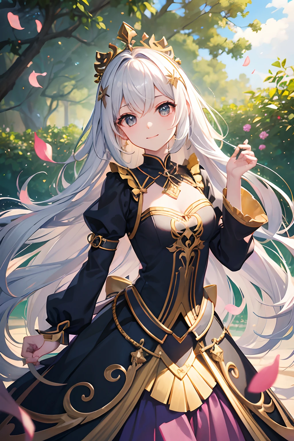 (Altas Resoluciones:1.2),Anime style,Chica de anime detallada,Cabello largo,sonriente, Agitando, feliz,Divino,vestido negro,fantasy costume,bordes ornamentados,Colores deslumbrantes,Ethereal lighting,Lush garden backdrop,Magical Sparkles,floating petals,cielo infinito,Brisa juguetona,cintas de colores,Ambiente encantado,Ojos cristalinos.