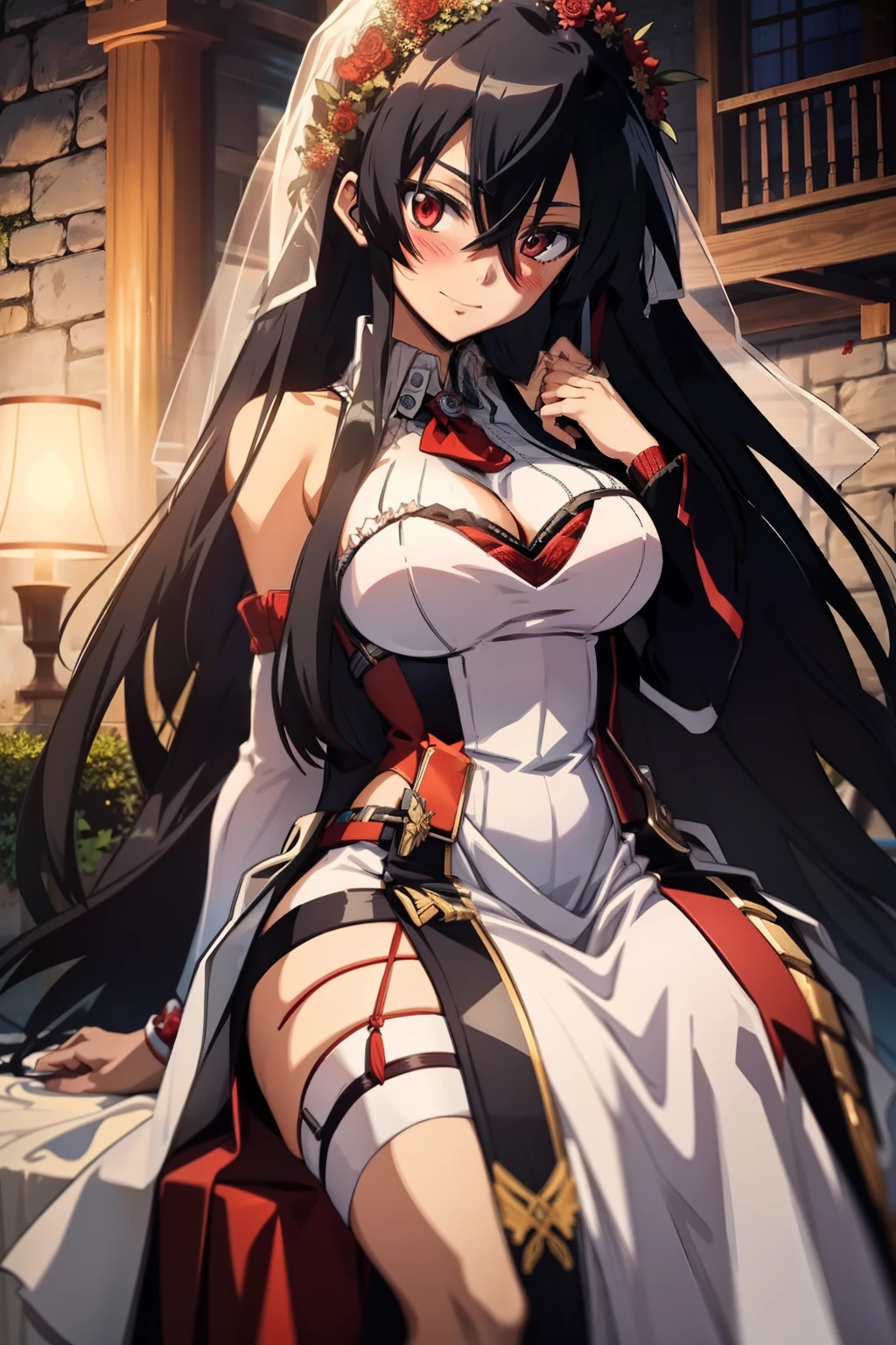 Akame (akame ga kill), wearing a wedding dress, warm smile with a blush