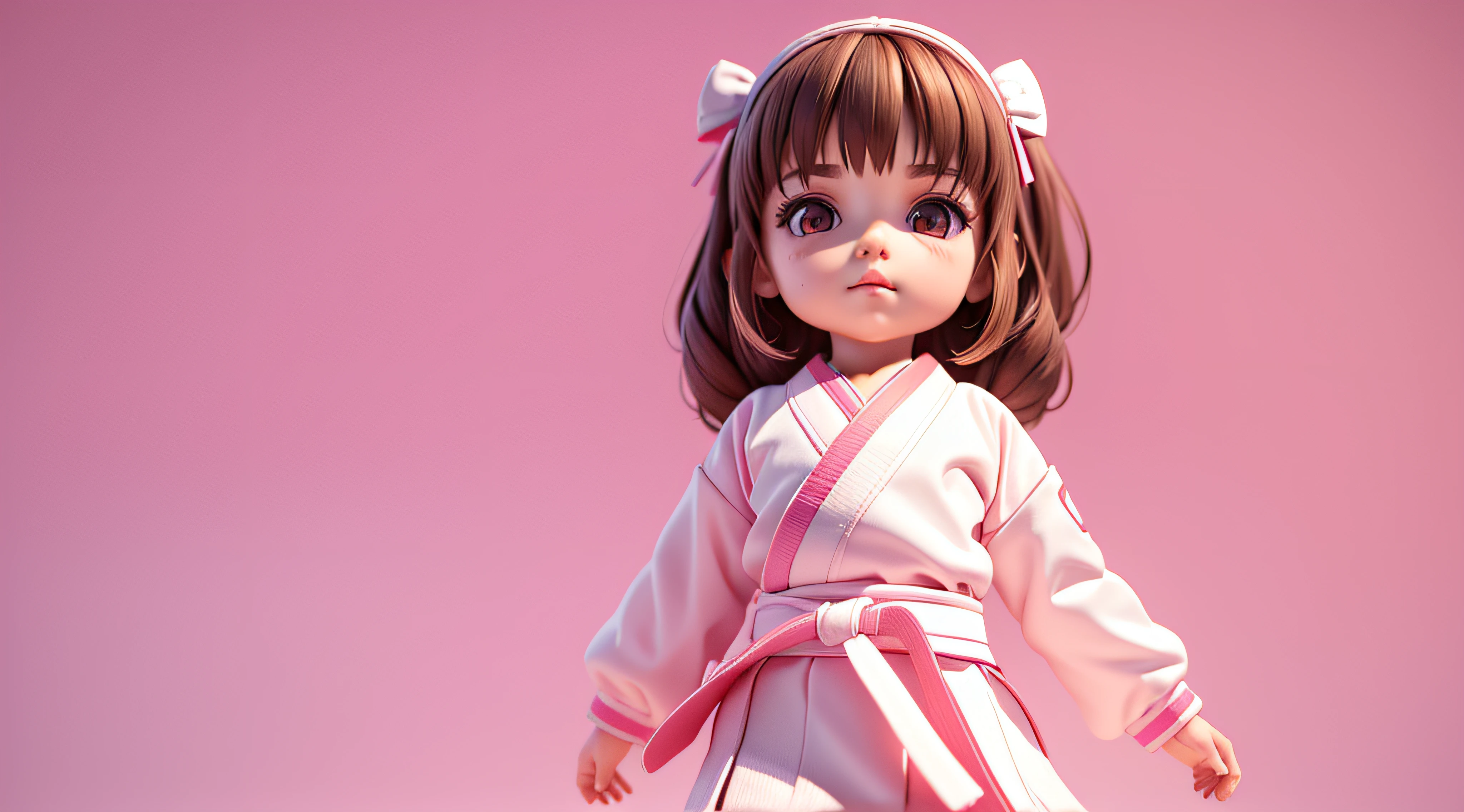 highly detailed 3D render of a cute brunette  girl with a white karate gi, high detailed textures, soft smooth textures, kids cartoon style, pink gradient background.