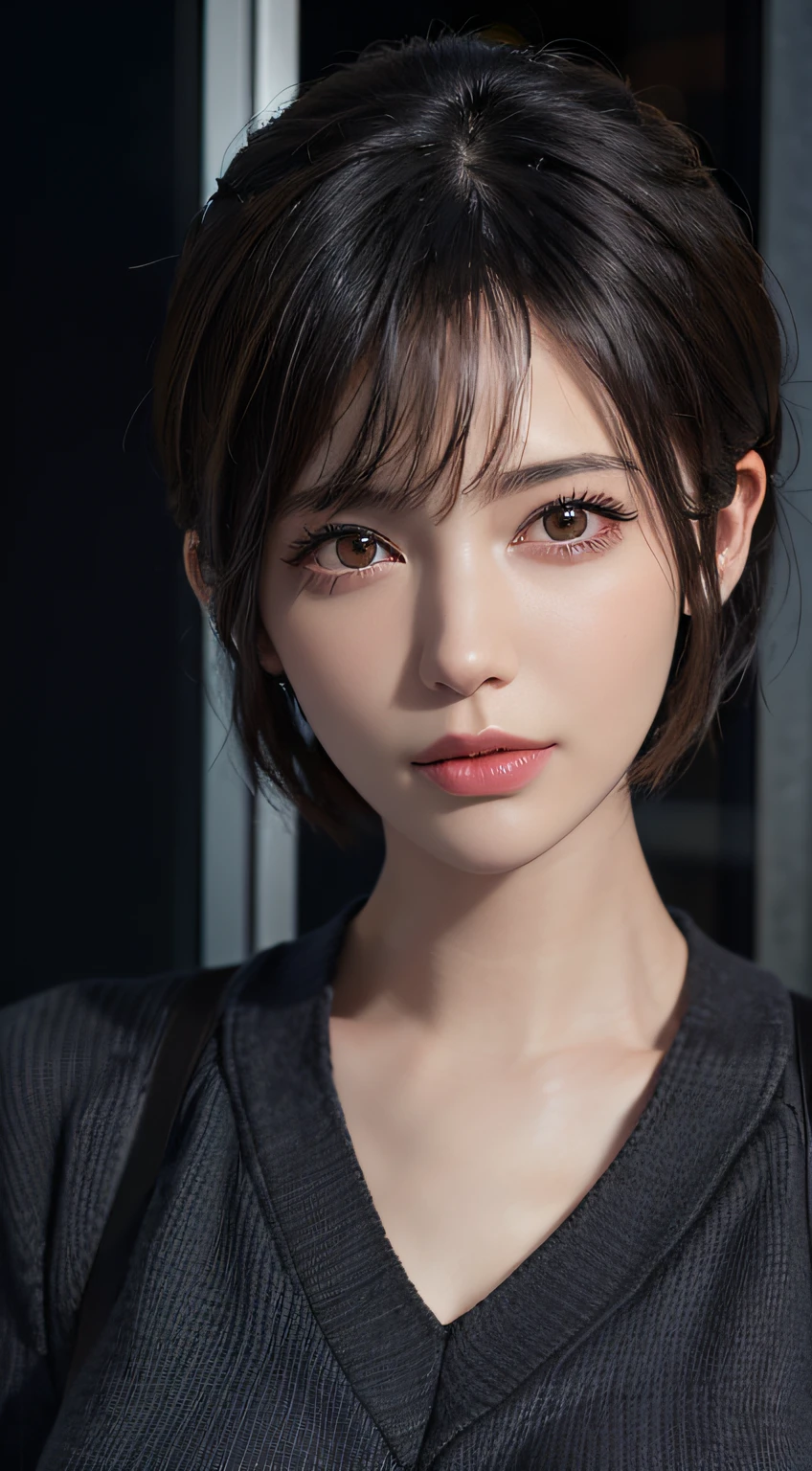 (masterpiece:1.3), (8k, photorealistic, RAW photo, best quality: 1.4), (1girl), beautiful face, (realistic face), (black hair, short hair:1.3), beautiful hairstyle, realistic eyes, beautiful detailed eyes, (realistic skin), beautiful skin, (sweater), absurdres, attractive, ultra high res, ultra realistic, highly detailed, golden ratio