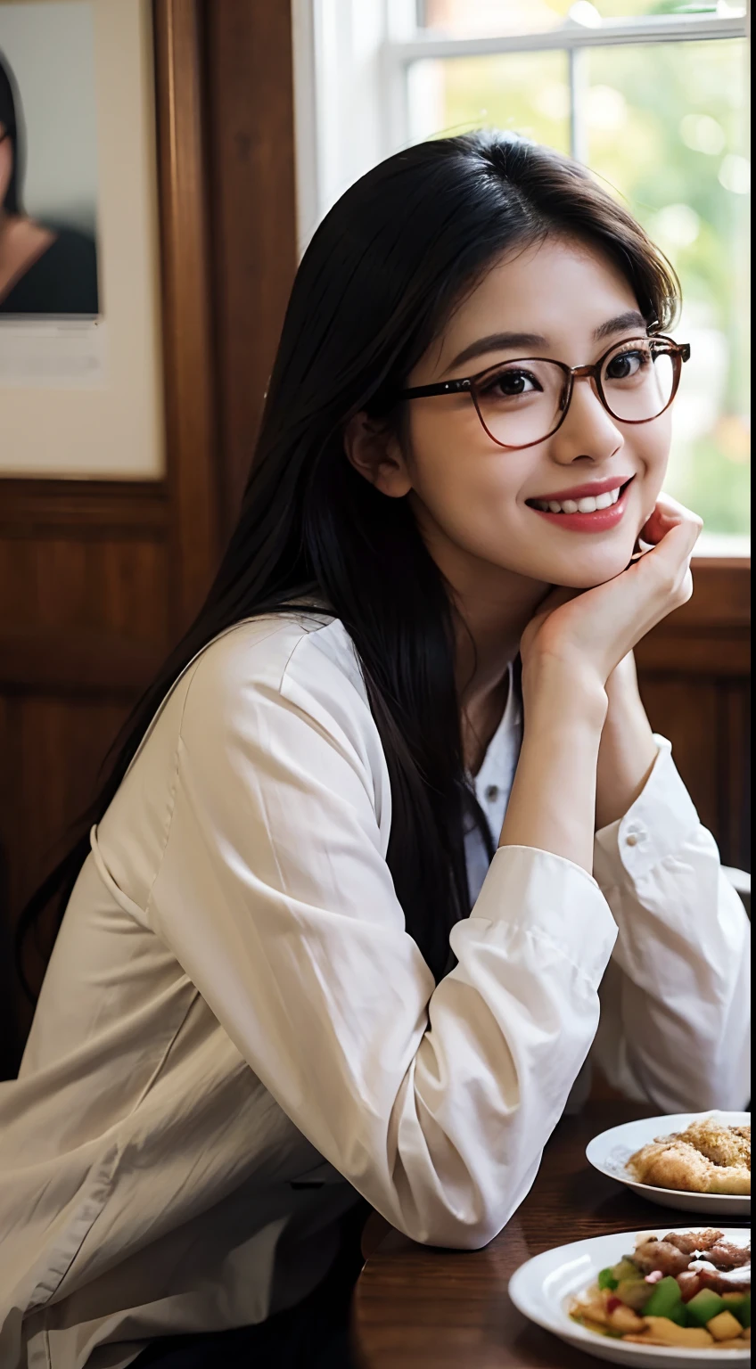 smiling woman in glasses sitting at a table with a plate of food, cindy avelino, pokimane, headshot profile picture, alanis guillen, portrait of modern darna, inspired by Elaine Duillo, girl with glasses, roge antonio, girl wearing round glasses, student, by Robbie Trevino, 2 7 years old, with glasses, 18 years old