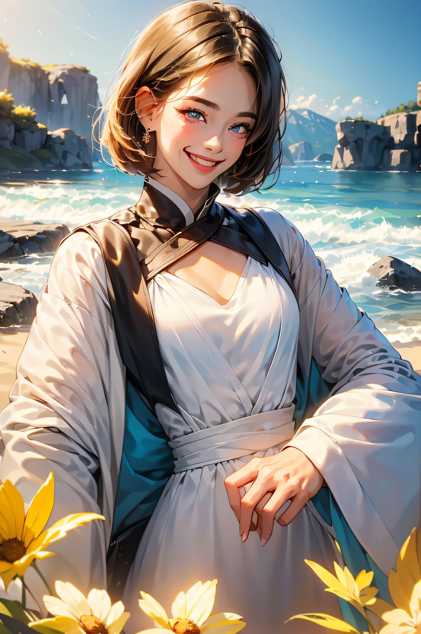 (in 8K、top-quality、​masterpiece:1.2)、1人の女性、(Smiling smile:1.1)、beautidful eyes、Valley、The upper part of the body、shorth hair、Like a boy、bob cuts、huge tit、White View、