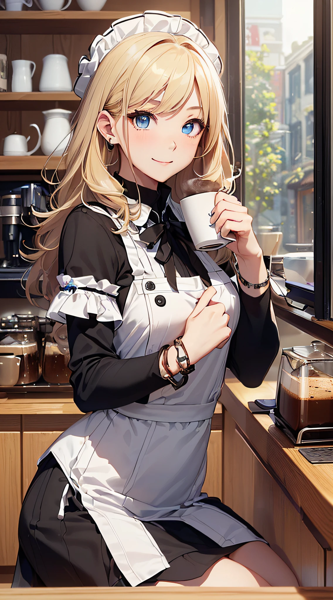 top-quality、Top image quality、masterpiece、girl with((18year old、waitress costume(1:2)、Best Bust、Bust 85、a blond、Longhaire、Blue eyes、open chest wide、Valley、Happiness、Black wristband on wrist、A slender、耳Nipple Ring、The wind blows,holding coffee cup、close to viewer、Face-to-face with your audience、Take a seat))hiquality、visualart、Background with((tea shop、Counter seats、Coffee maker))、The table(menu、Coffee Cup Coffee Cup、Sugar bottle、milk),masutepiece、