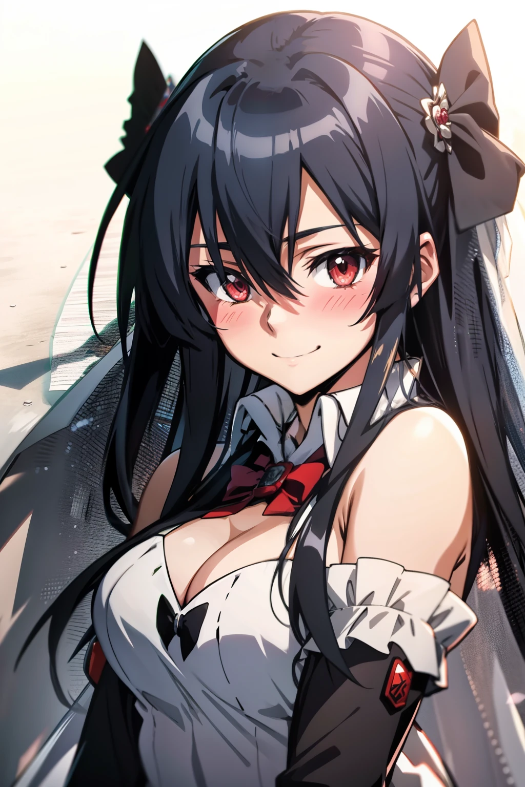 Akame (akame ga kill), wearing a wedding dress, warm smile with a blush