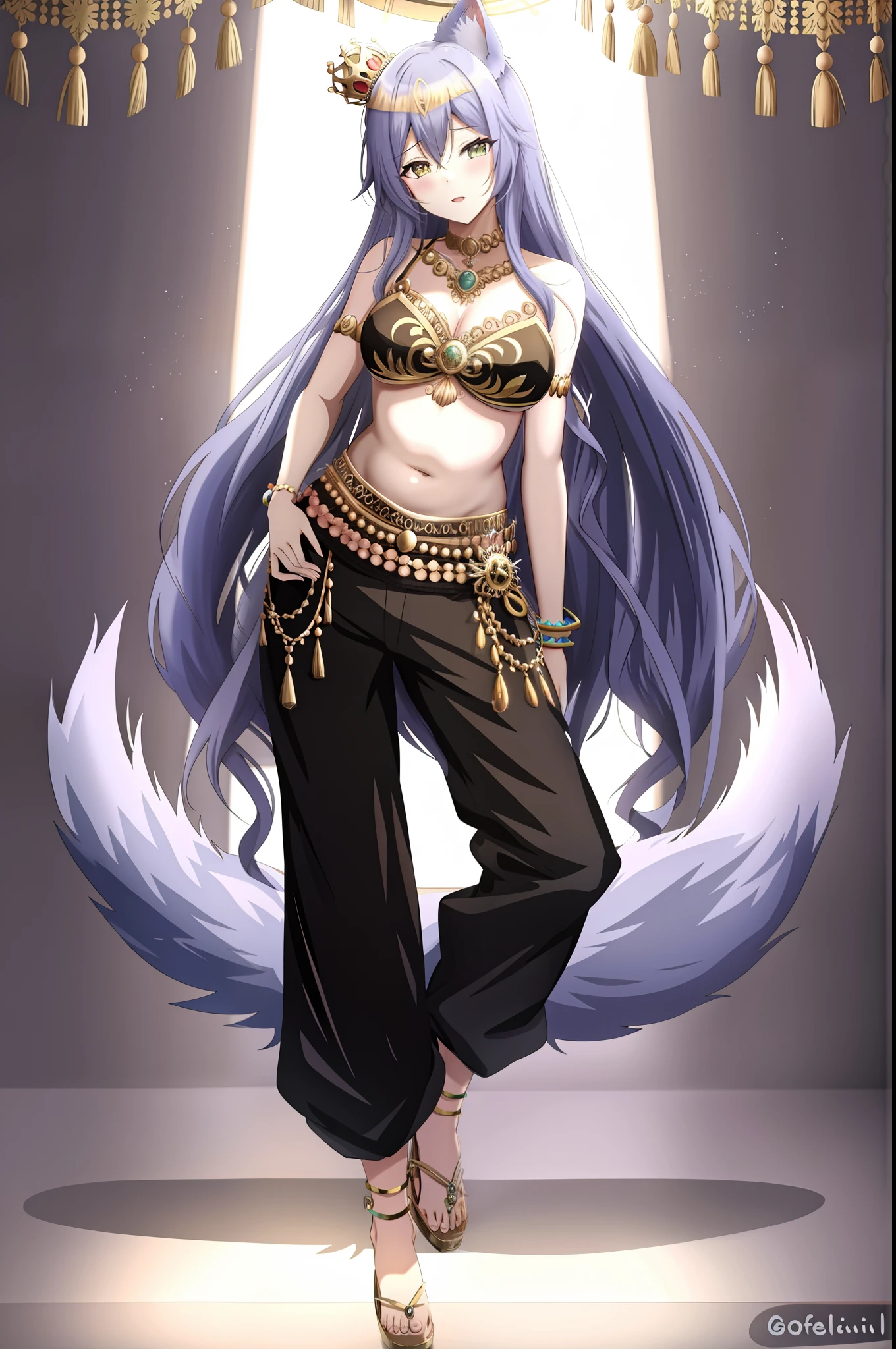 Anime girl in a belly top and pants with a crown on her head, Serafim Ahri KDA, aesthetic!!!!!! female genie, Boho Chique | | muito anime!!!, full body commission for, !!retrato de corpo inteiro!!, holo is a wolf girl, holo se uma menina lobo, estilo artgerm, deusa anime, Arte digital no Pixiv