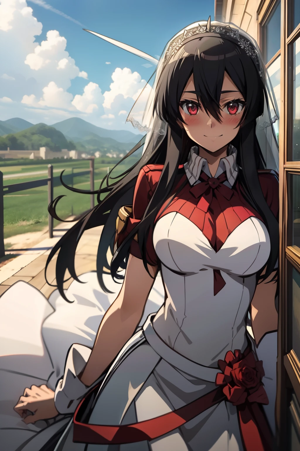 Akame (akame ga kill), wearing a wedding dress, warm smile with a blush