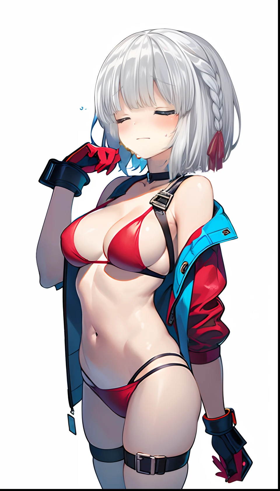 Red bikini、Colossal tits、(((masterpiece)))、(top-quality)、tre anatomically correct、(Best Quality:1.3), Large breasts, cleavage, shinny skin、silber hair、Soft skin、shorth hair、an anime girl、Bare arms、bared legs、a choker、parka、Put your arms together、Bring your chest together、short-haired