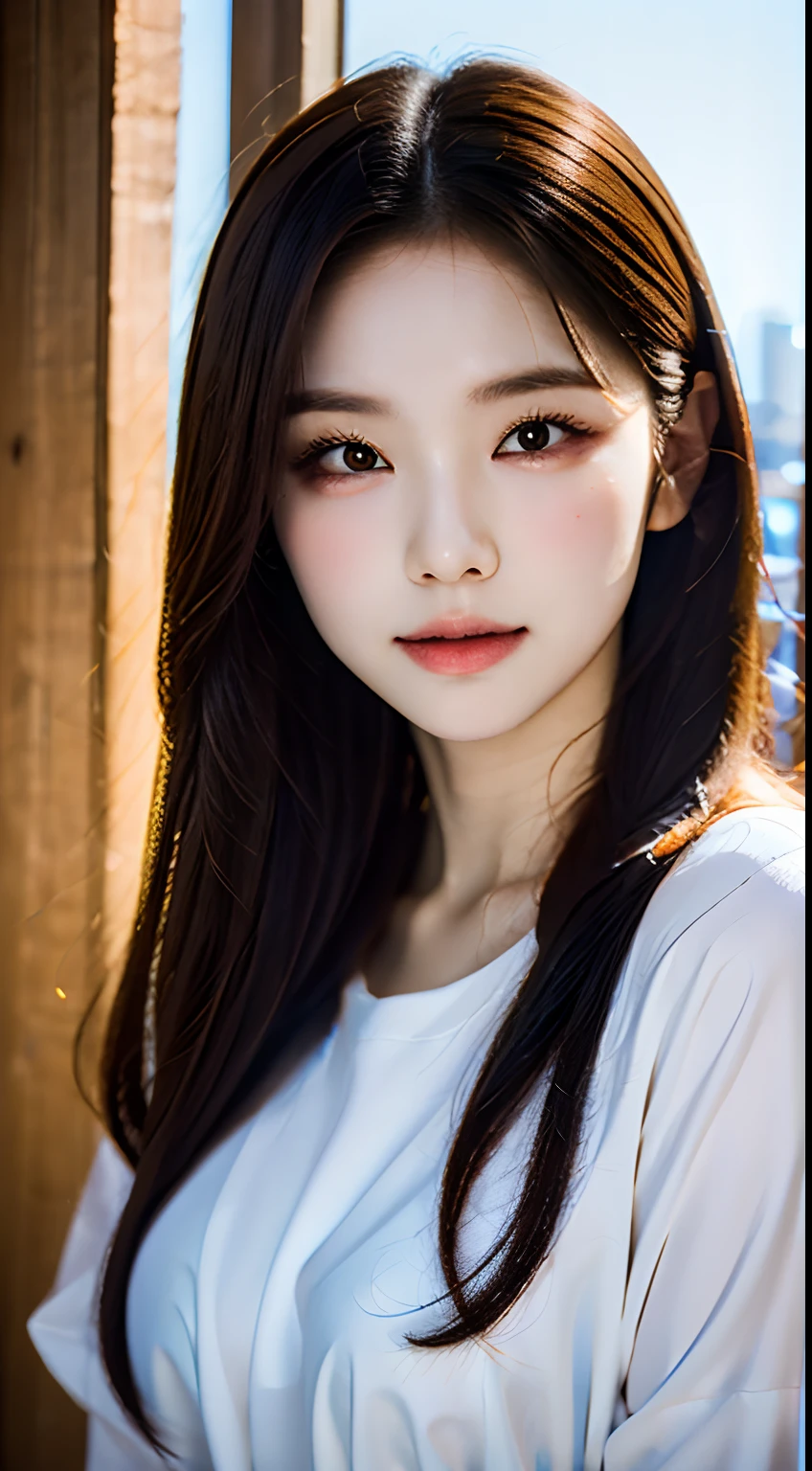 masterpiece, top-quality, 8K, absurderes, (The upper part of the body:1.4), whiteshirt, beautiful a girl, Clean face, looking at the viewers, A smile, A hyper-realistic, hight resolution, Pictures, foco nítido, nffsw, face lights, Dynamic lighting, Movie Lighting, Professional Shadows, beautiful cityscape background, highestdetailed, ighly detailed, ultra-detailliert, finely detail, authentic skin, Delicate facial features, Detailed face and eyes, Sharp pupils、Realistic pupils