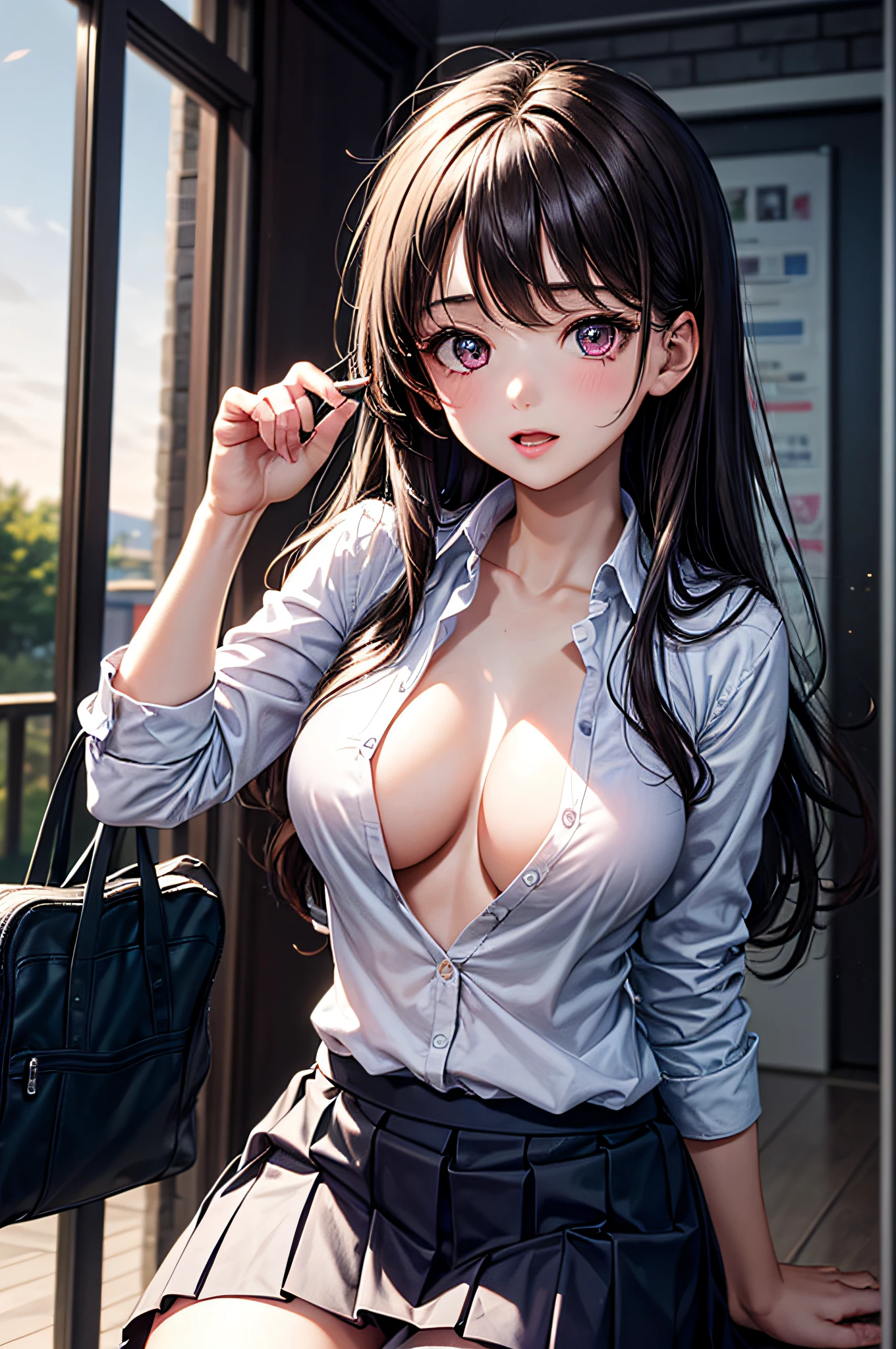 ((2girls)), ((Best Quality)), (Ultra-detailed), (extremely detailed CG unified 8k wallpaper), Highly detailed, High-definition raw color photos, Professional Photography, Brown hair, Amazing face and eyes, Pink eyes, (hi-school uniform, pleated mini skirt:1.3), (hi-school uniform with wide open breasts:1.35), (beautiful big breasts), )(bare breasts)), (amazingly beautiful girl), (((Bokeh))), depth of fields,