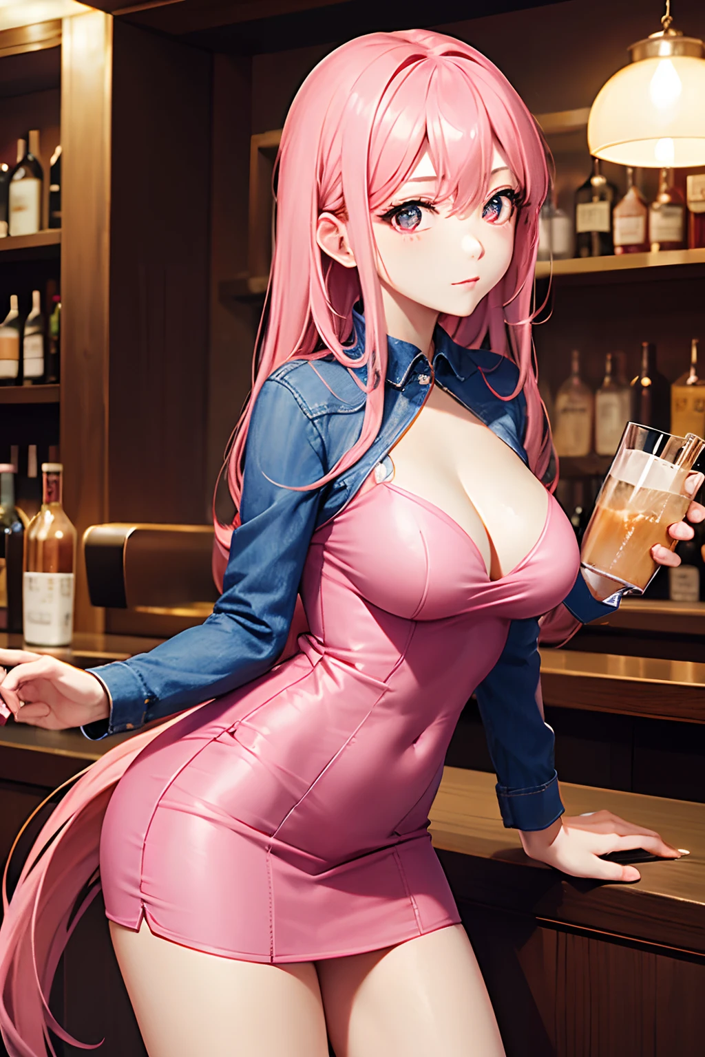 Snack Woman、Woman working in bar、well-styled、ren、Beautiful fece、sexy dress、、Skin Jean Miniskirt, Long pink hair, Looking at the viewer, Front view,