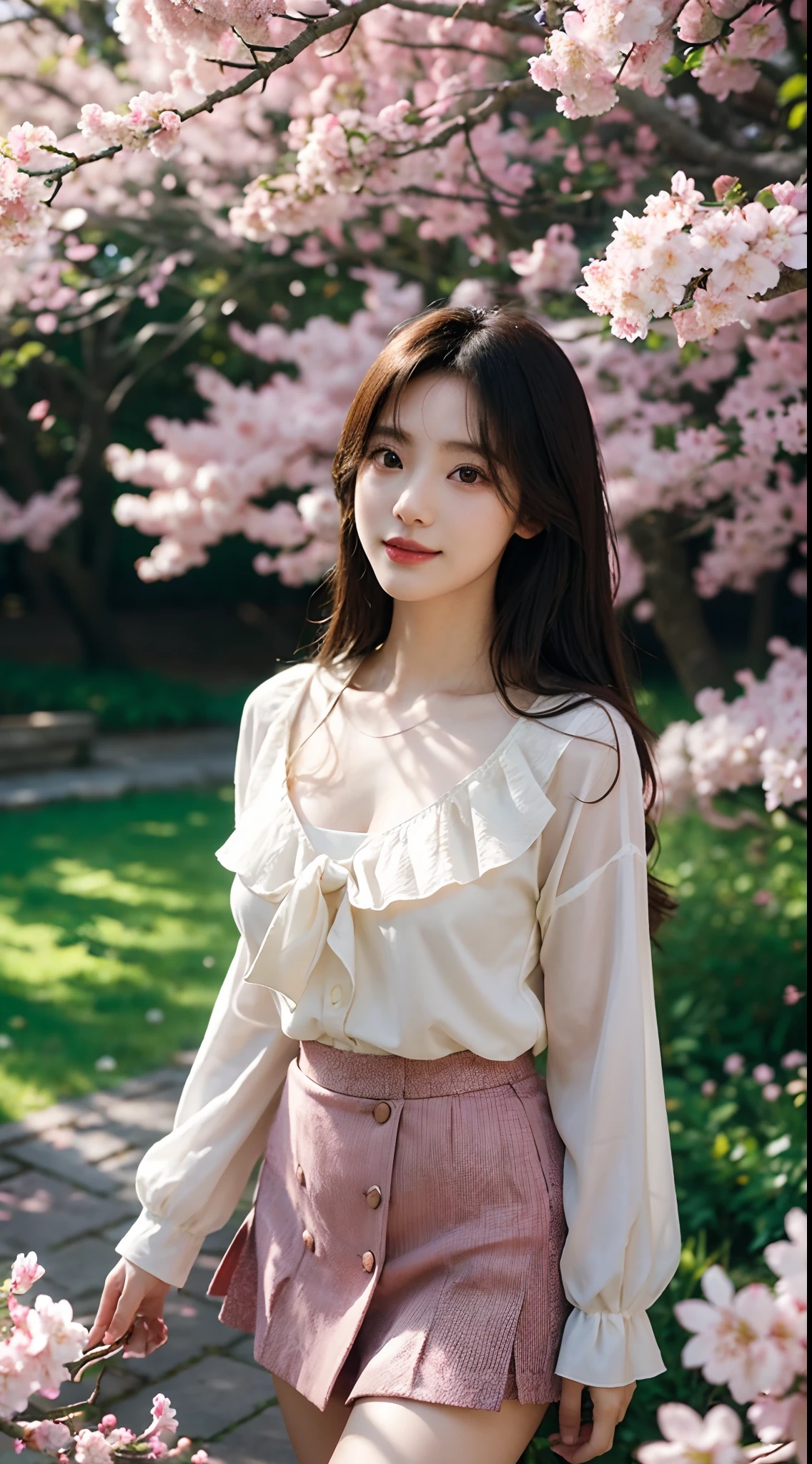Best quality, 4K,8K,Realistic, Photorealistic, extremely detaile, An extremely delicate and beautiful, RAW photo, Japanese and Korean beauties,South Korean beauties,Wear JK, mini-skirts,Large breasts,Detailed eyes and lips, Beautiful hair, joyful expressions, Surrounded by cherry blossom trees, It has a kawaii anime style, In a picturesque garden full of sunshine. The artwork is of the best quality, With ultra-detailed features and realistic, Realistic touch. vibrant with colors,The lighting creates a warm atmosphere, Dreamy atmosphere.