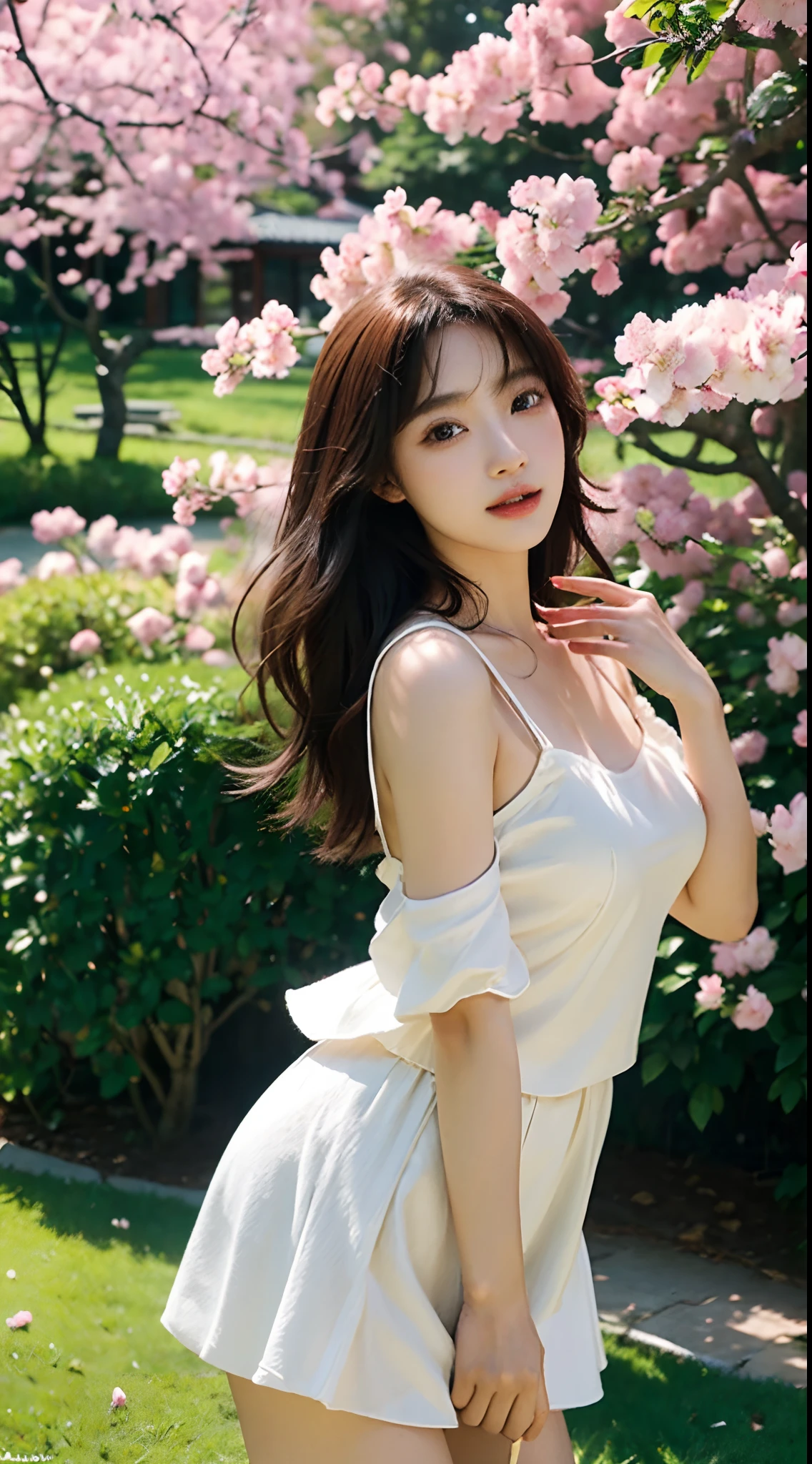 Best quality, 4K,8K,Realistic, Photorealistic, extremely detaile, An extremely delicate and beautiful, RAW photo, Japanese and Korean beauties,South Korean beauties,Wear JK, mini-skirts,Large breasts,Detailed eyes and lips, Beautiful hair, joyful expressions, Surrounded by cherry blossom trees, It has a kawaii anime style, In a picturesque garden full of sunshine. The artwork is of the best quality, With ultra-detailed features and realistic, Realistic touch. vibrant with colors,The lighting creates a warm atmosphere, Dreamy atmosphere.