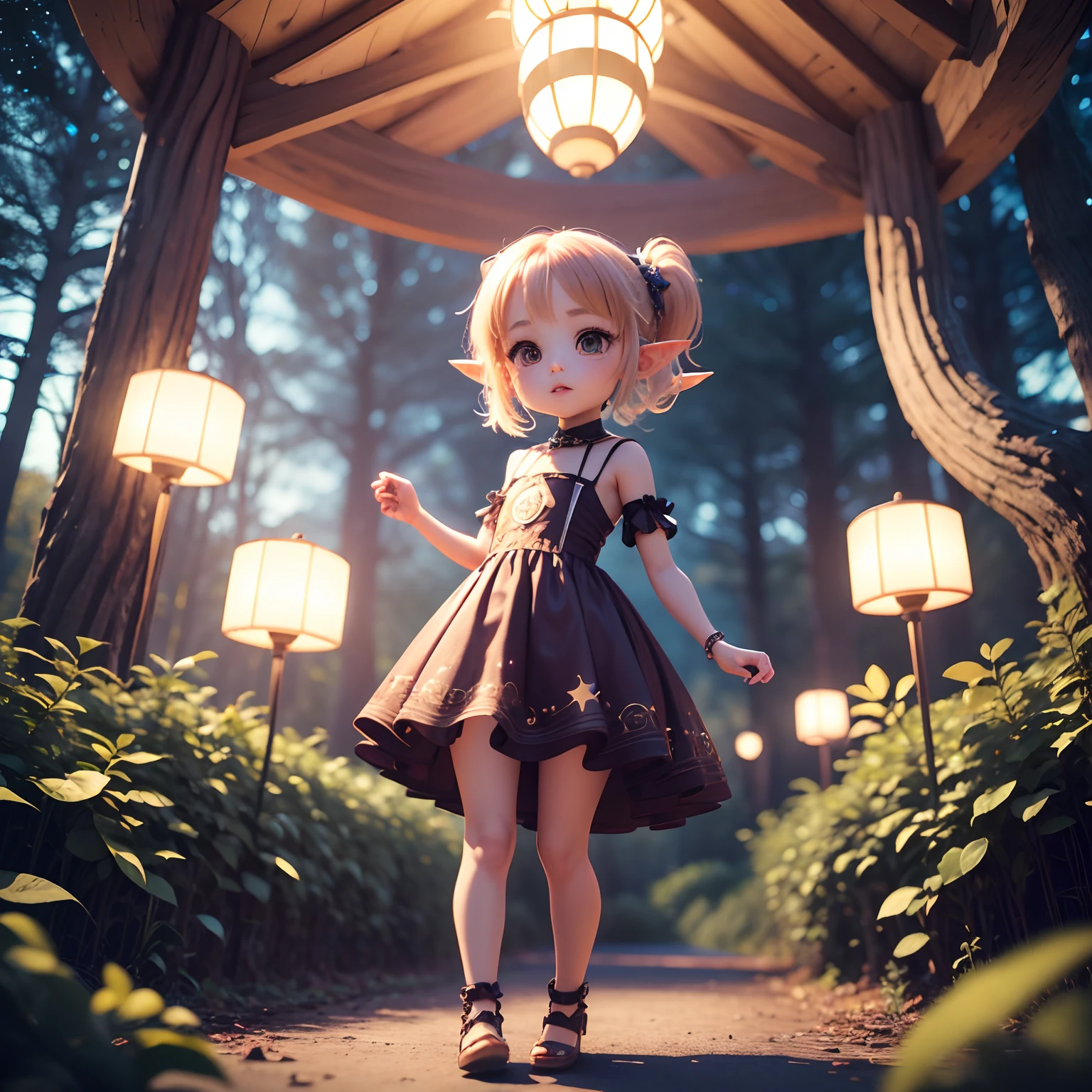 Cute Baby Chibi Anime、(((chibi 3d))) (Best Quality), (masutepiece)、Chibi Elf、a small face、petite body、Jewelry Decoration Costumes、The background is a fairytale autumn forest、Night sky with stars shining in the galaxy、Standing、Have a glowing ball in the shape of a star