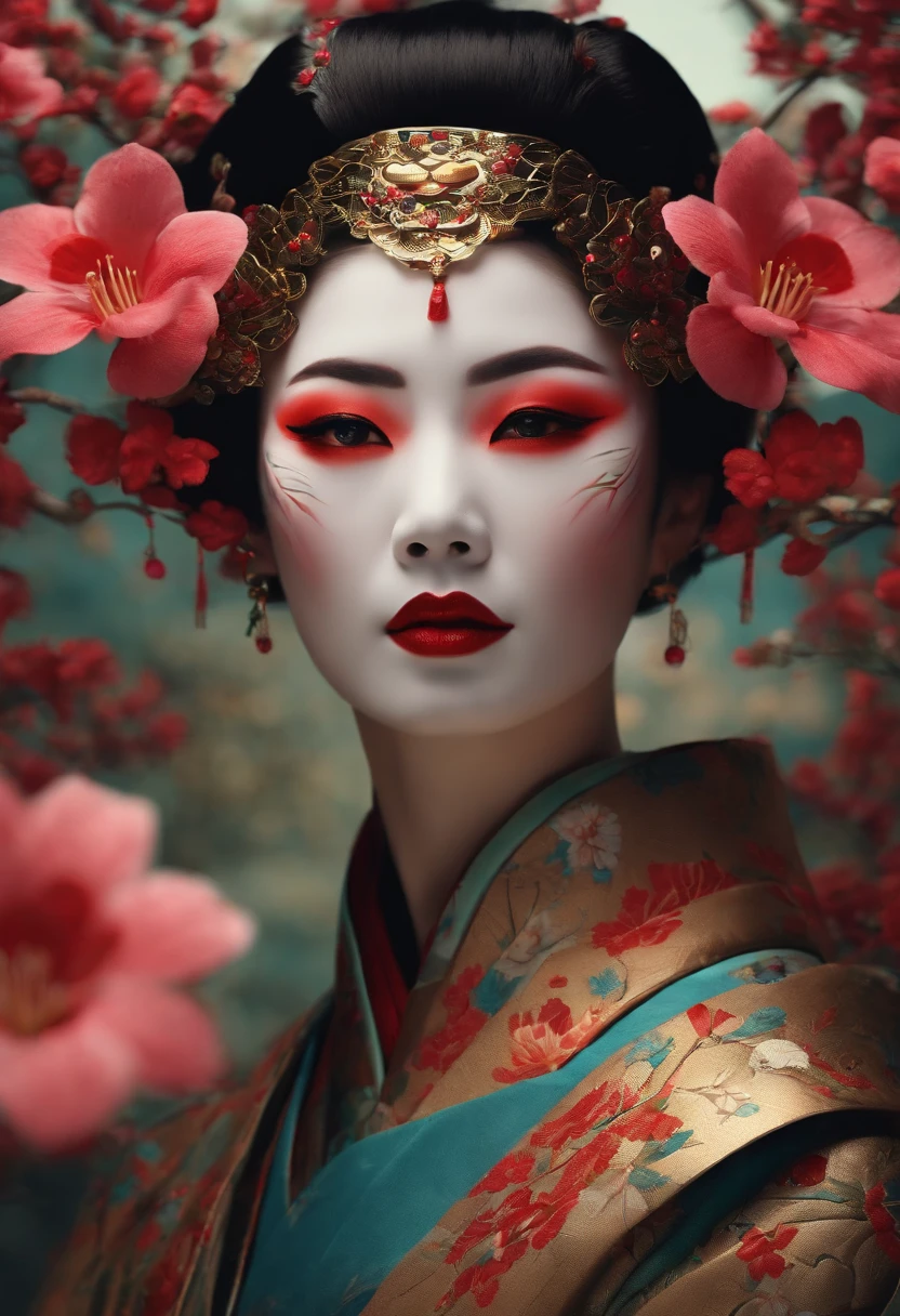 the geisha with the flowers on her face, in the style of futuristic robots, cinematic montages, appropriation artist, schlieren photography, traditional animation, intricate body-painting, dynamic anime --ar 69:128 --s 750 --v 5.2