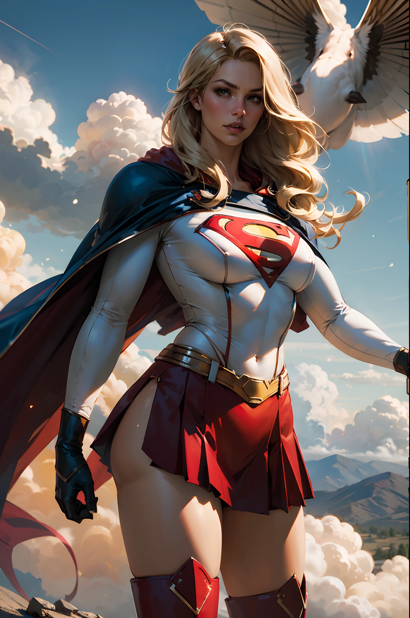 a painting of a woman in a superman costume with a cape, supergirl, comic digital art, dc comics art style, beautiful comic art, power girl, comic book art style, comics style art, super hero art, sexy painting of gal gadot, comic book style art, art of alessandro pautasso, the super hot and sexy, comic book art