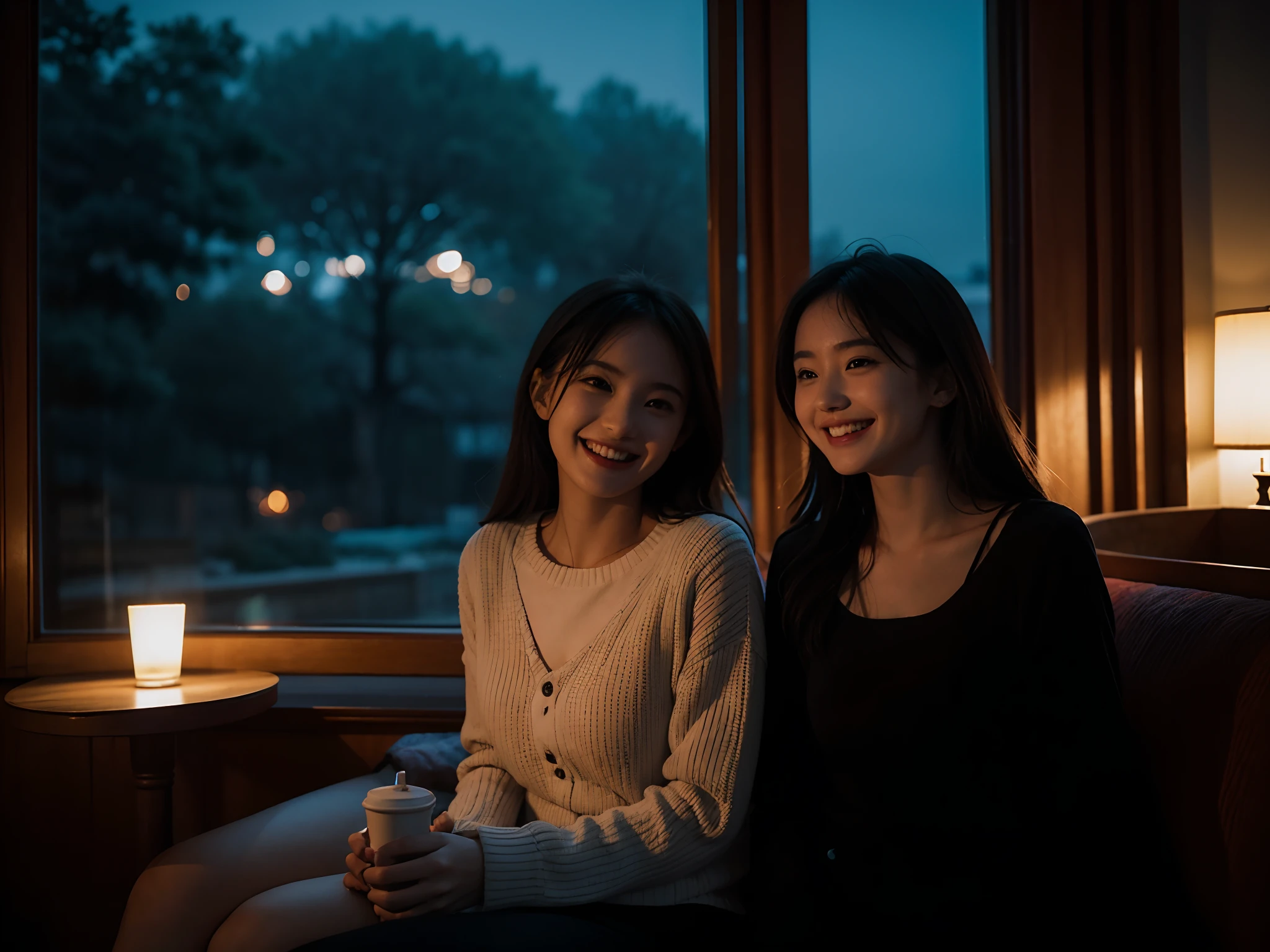 there are two girls that are sitting together smiling for the camera, with her long, roomies, scandy and arender, non blurry, not blurry, with ivy, picture, with long, desaturated!!, with wart, tumblr, with godray, happy friend, with clothese, night!, blurry, with black, well edited, (((low light)))