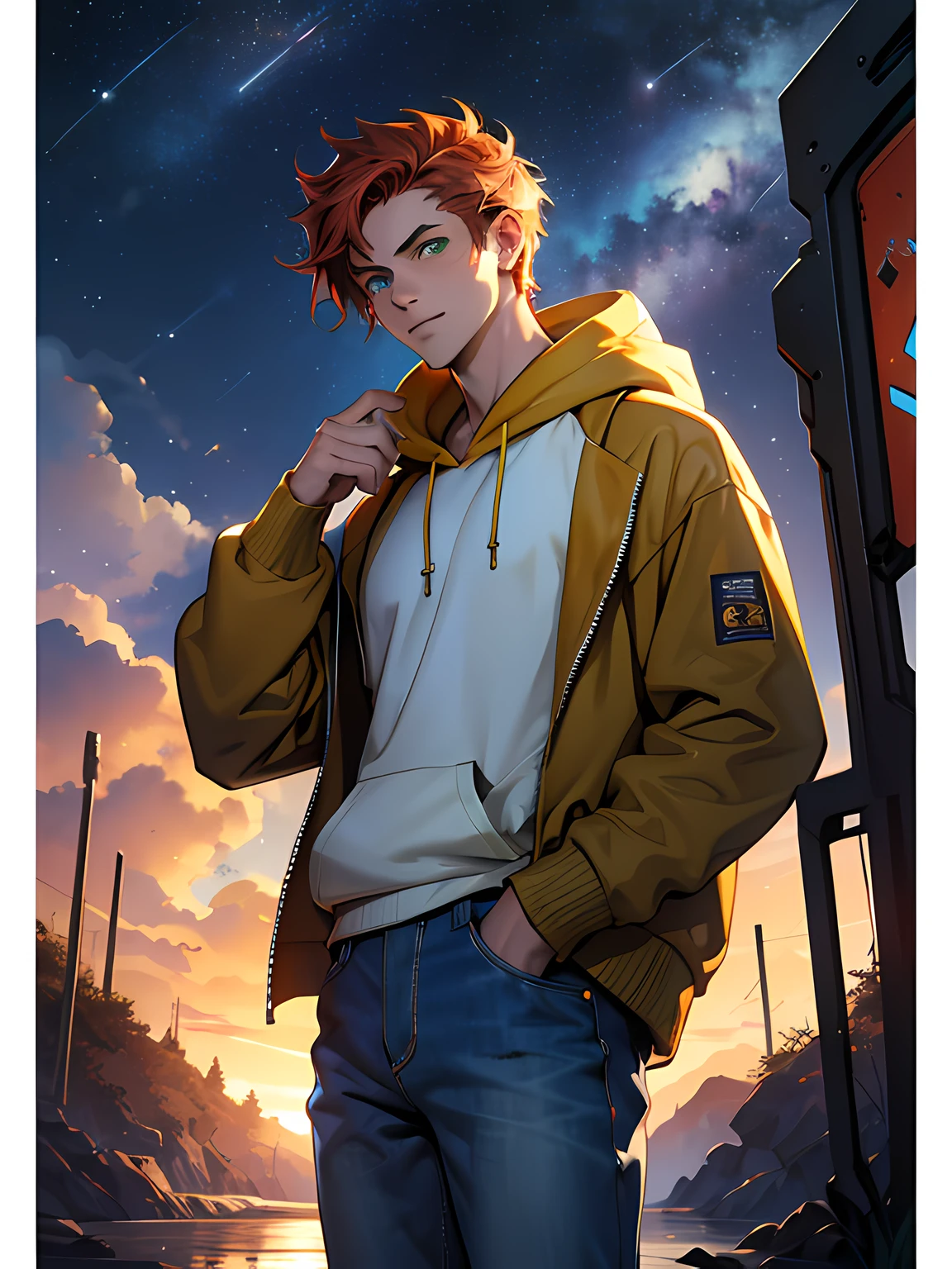 ung man, handsome face, fit body, short natural red hair, freckles, green eyes, dynamic pose, wearing casual clothing, sweater, oversize hoodie, fit jeans, golden ratio, scifi fantasy, autumn colors, sunset, bokeh background, absurdres, high res, ultrasharp, 8K, masterpiece, looking at viewer, cinematic lighting, sparkling pupils, scifi, watercolor, water ink, rough brush strokes, space ships flying in the sky, space, shooting stars