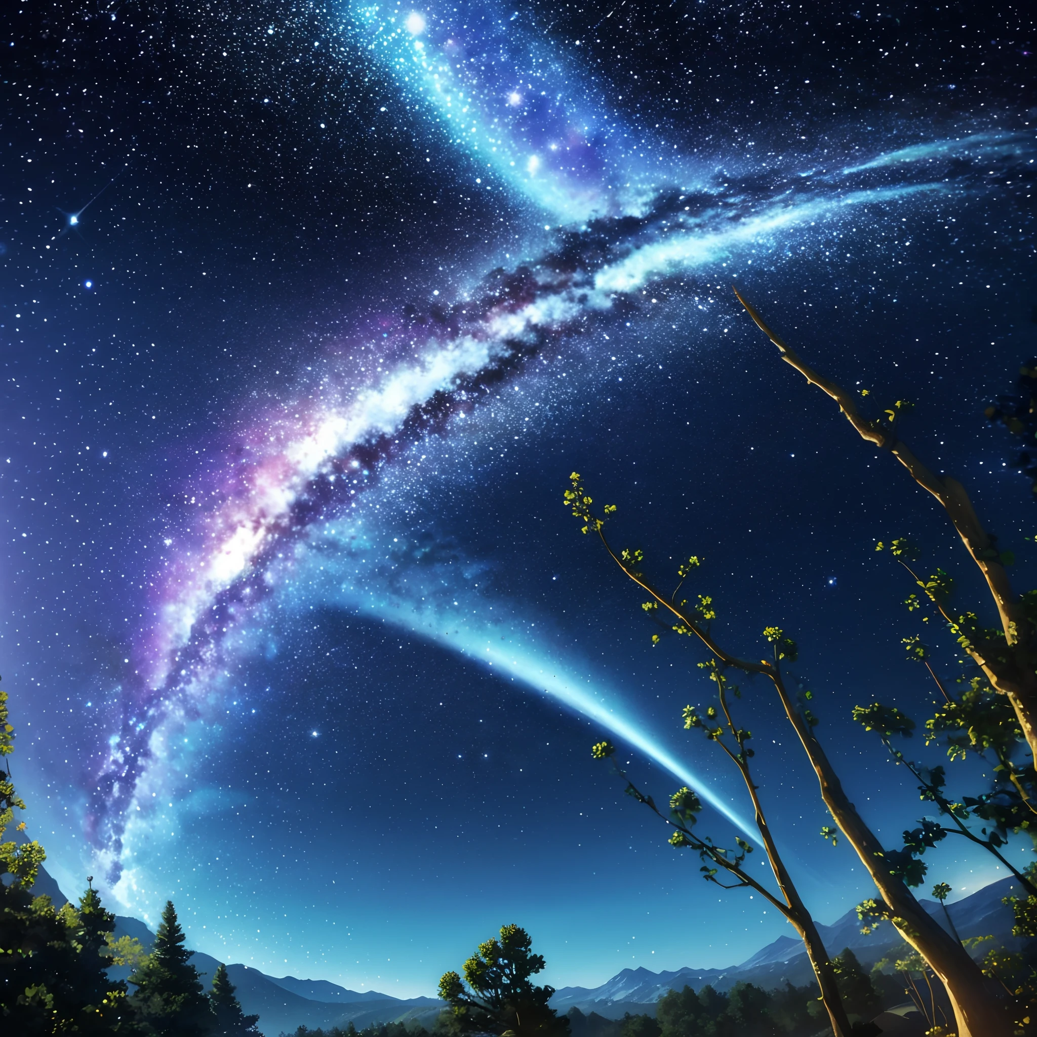 high quality,ultra-detailed space scene,realistic planetary formations,vibrant colors,dazzling stars,ethereal galaxy,striking nebulae,distant galaxies,cosmic dust,celestial bodies,captivating interstellar sky,a majestic tree standing tall,branches stretching outwards,reaching for the stars,leaves shimmering in the cosmic light,tranquil and serene atmosphere,a perfect harmony between nature and the universe