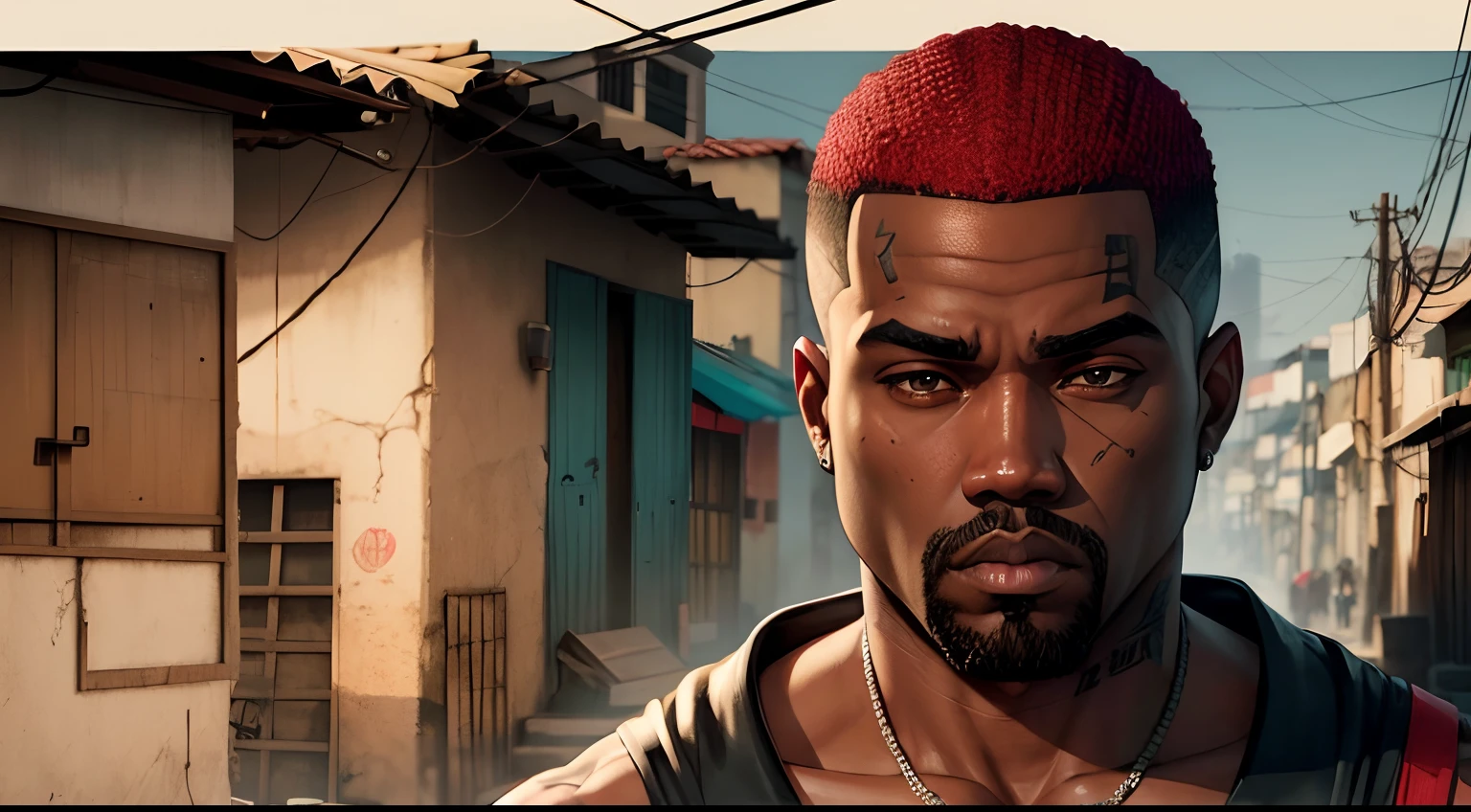 Homen negro de fundo uma favela estilo Brasil, GTA 5, GTA V Estilo, como um personagem de gtav, corte de cabelo red,cabelo red,Kanye West em GTA v, de fundo uma favela, favela no Brasil ,gta 5 tom de pele negro