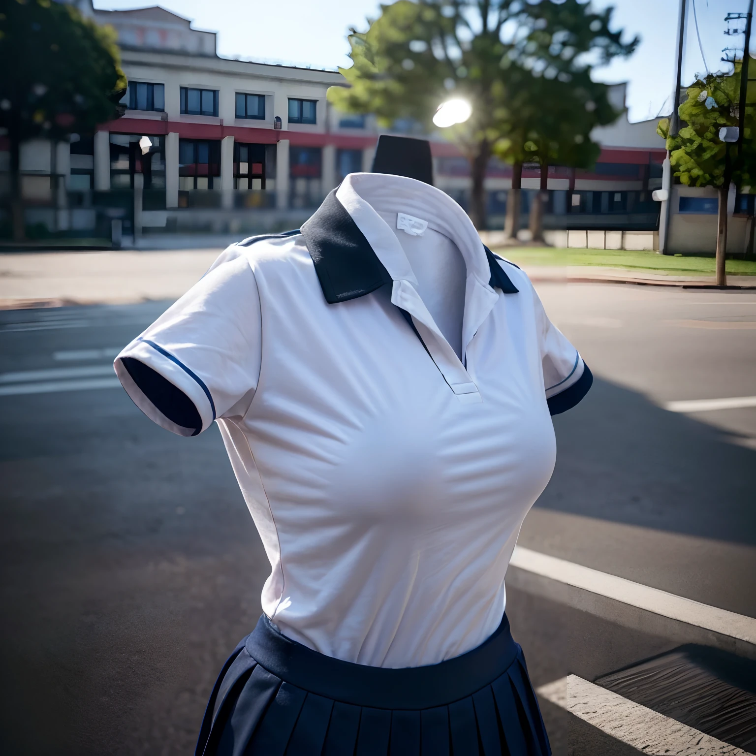 school shirt and school uniform, ((invisible, no humans:1.5, headless:1.5, handless, legless)), big breast, (close-up to breast), 
(8k, RAW photo, best quality, masterpiece:1.2), (realistic, photo-realistic:1.37),photon mapping, radiosity, ((Hasselblad photography)),physically-based rendering,