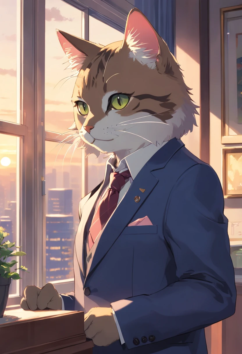 Cat in suit and tie standing by window, in a strict suit, in a strict suit, Portrait with a complete view of a standing figure , Dark suit, epic and classy portrait, highly detailed exquisite fanart, Official Character Art, well - dressed, dignified aristocrat, official character illustration, in his suit, Trending on ArtStation pixiv, high detailed official artwork, elegant cat , kindly smile , Gentle lol , Depicted from head to toe , Depiction that can be seen up to the feet