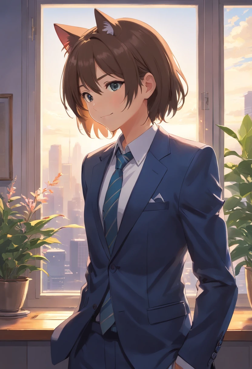 Cat in suit and tie standing by window, in a strict suit, in a strict suit, Portrait with a complete view of a standing figure , Dark suit, epic and classy portrait, highly detailed exquisite fanart, Official Character Art, well - dressed, dignified aristocrat, official character illustration, in his suit, Trending on ArtStation pixiv, high detailed official artwork, elegant cat , kindly smile , Gentle lol , Depicted from head to toe , Depiction that can be seen up to the feet