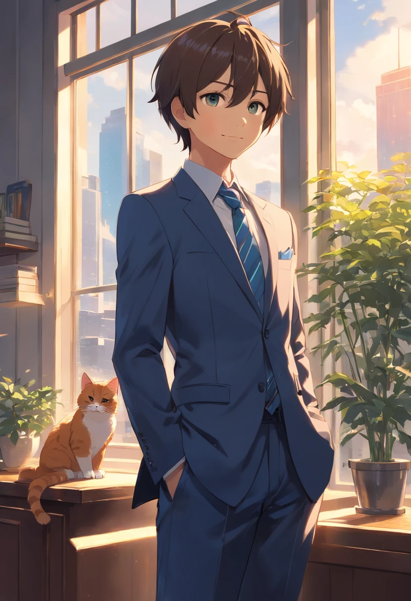 Cat in suit and tie standing by window, in a strict suit, in a strict suit, Portrait with a complete view of a standing figure , Dark suit, epic and classy portrait, highly detailed exquisite fanart, Official Character Art, well - dressed, dignified aristocrat, official character illustration, in his suit, Trending on ArtStation pixiv, high detailed official artwork, elegant cat , kindly smile , Gentle lol , Depicted from head to toe , Depiction that can be seen up to the feet