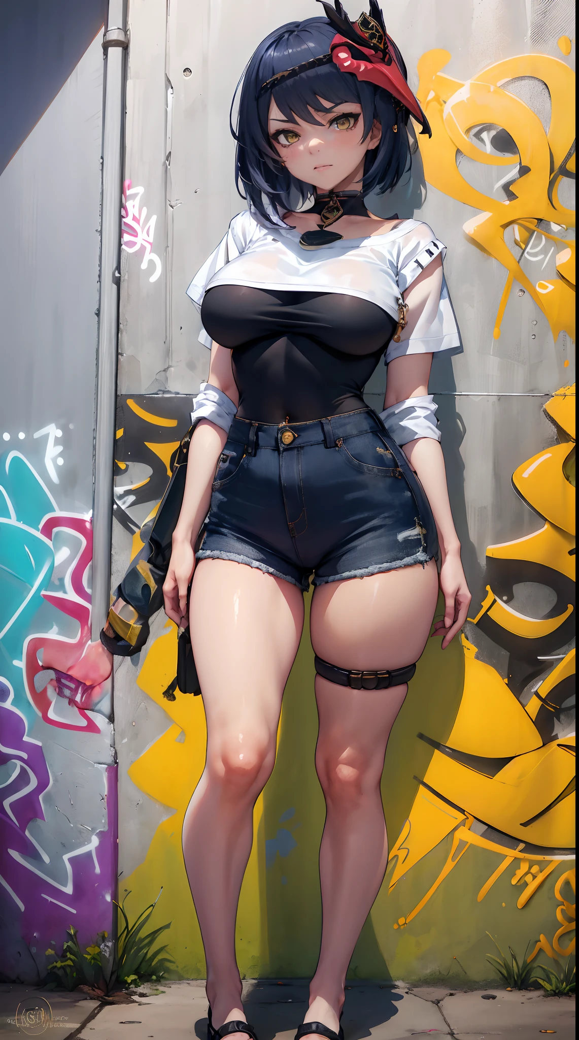 Kujou Sara Genshin Effect, masterpiece, bestquality, 1girls, oversized breasts, bara, Suit shirt, shorts jeans, choker, (Graffiti:1.5), Splash with purple lightning pattern., arm behind back, against wall, View viewers from the front., Thigh strap, Head tilt, bored, water eyes,